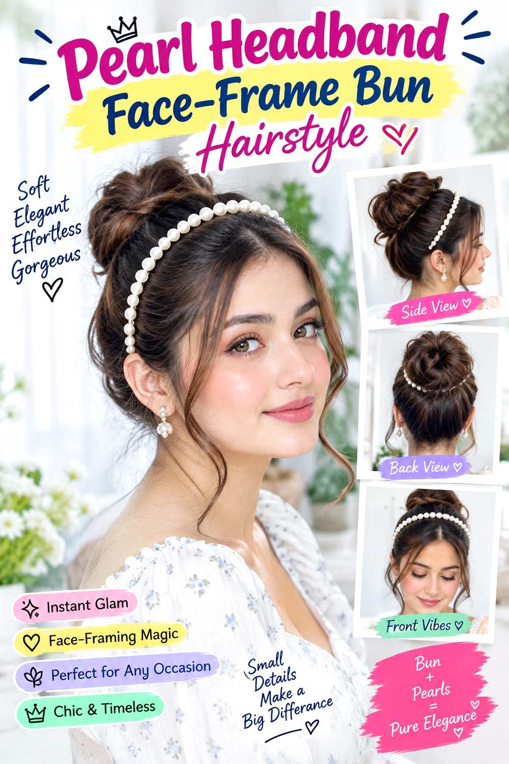 Pearl Headband Face-Frame Bun Hairstyle