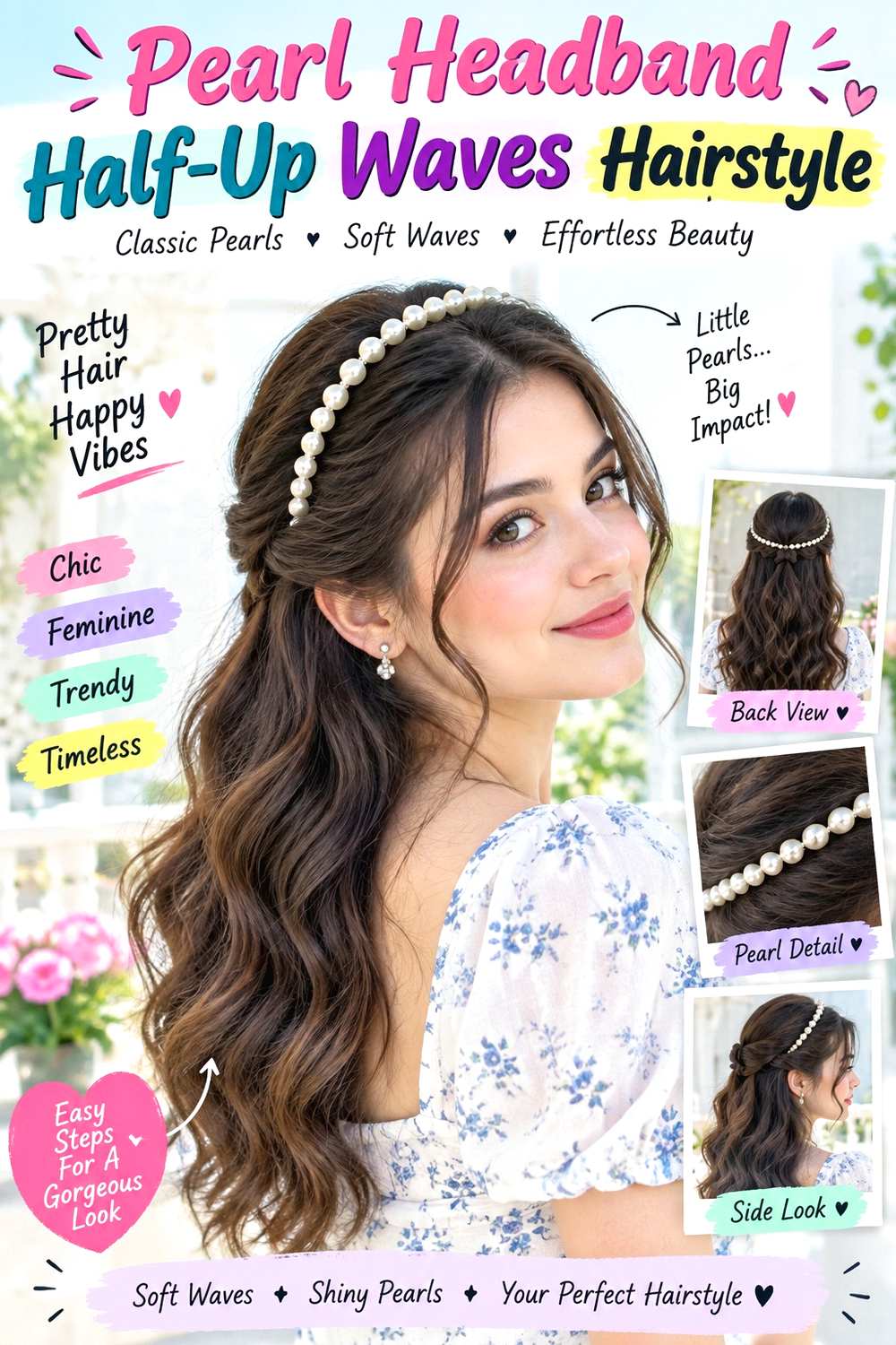 Pearl Headband Half-Up Waves Hairstyle