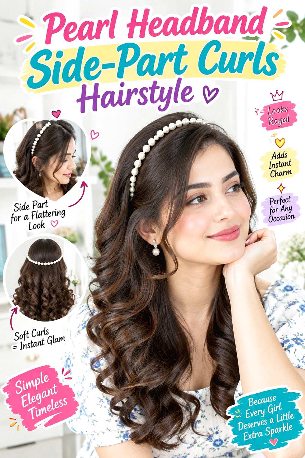 Pearl Headband Side-Part Curls Hairstyle