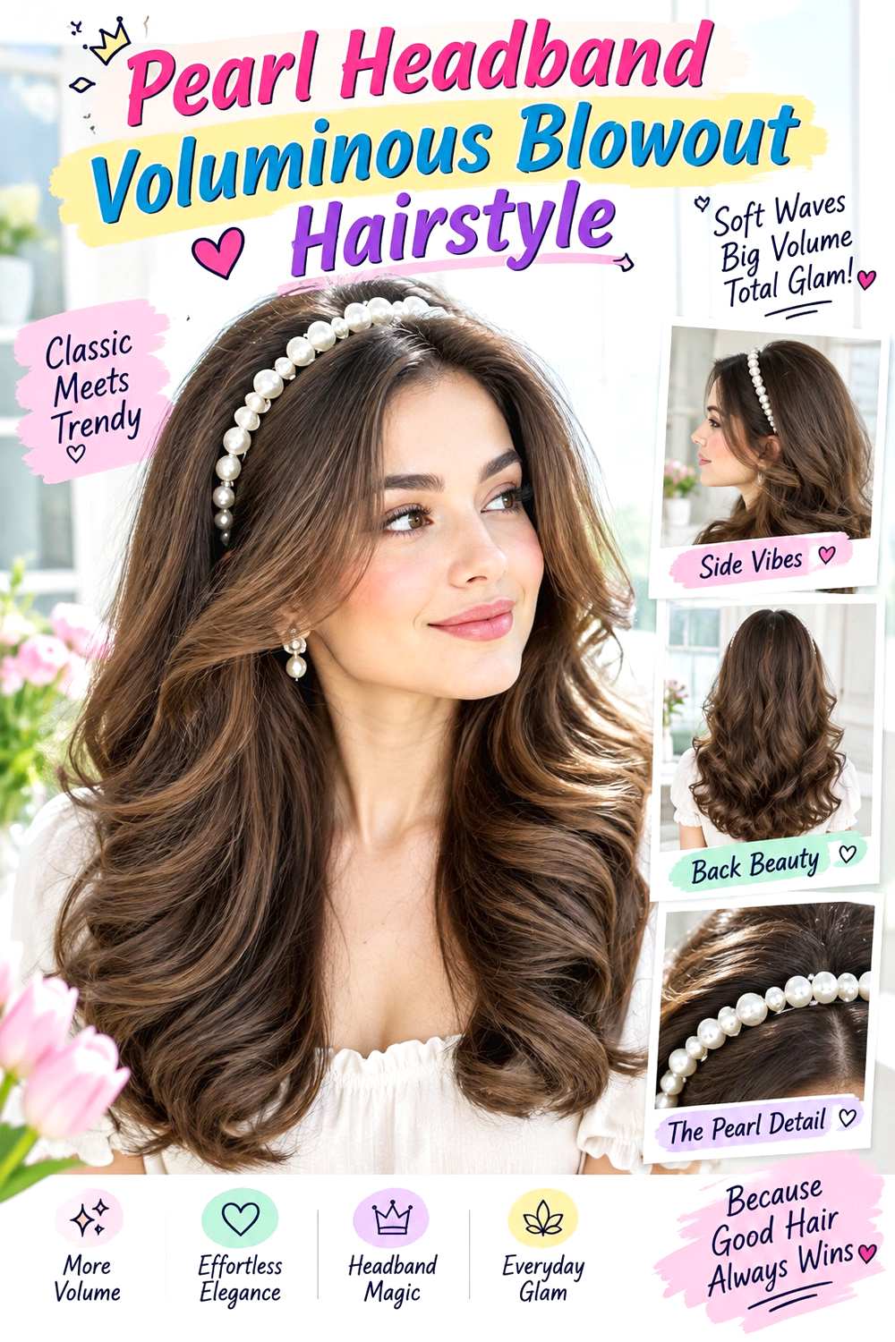 Pearl Headband Voluminous Blowout Hairstyle