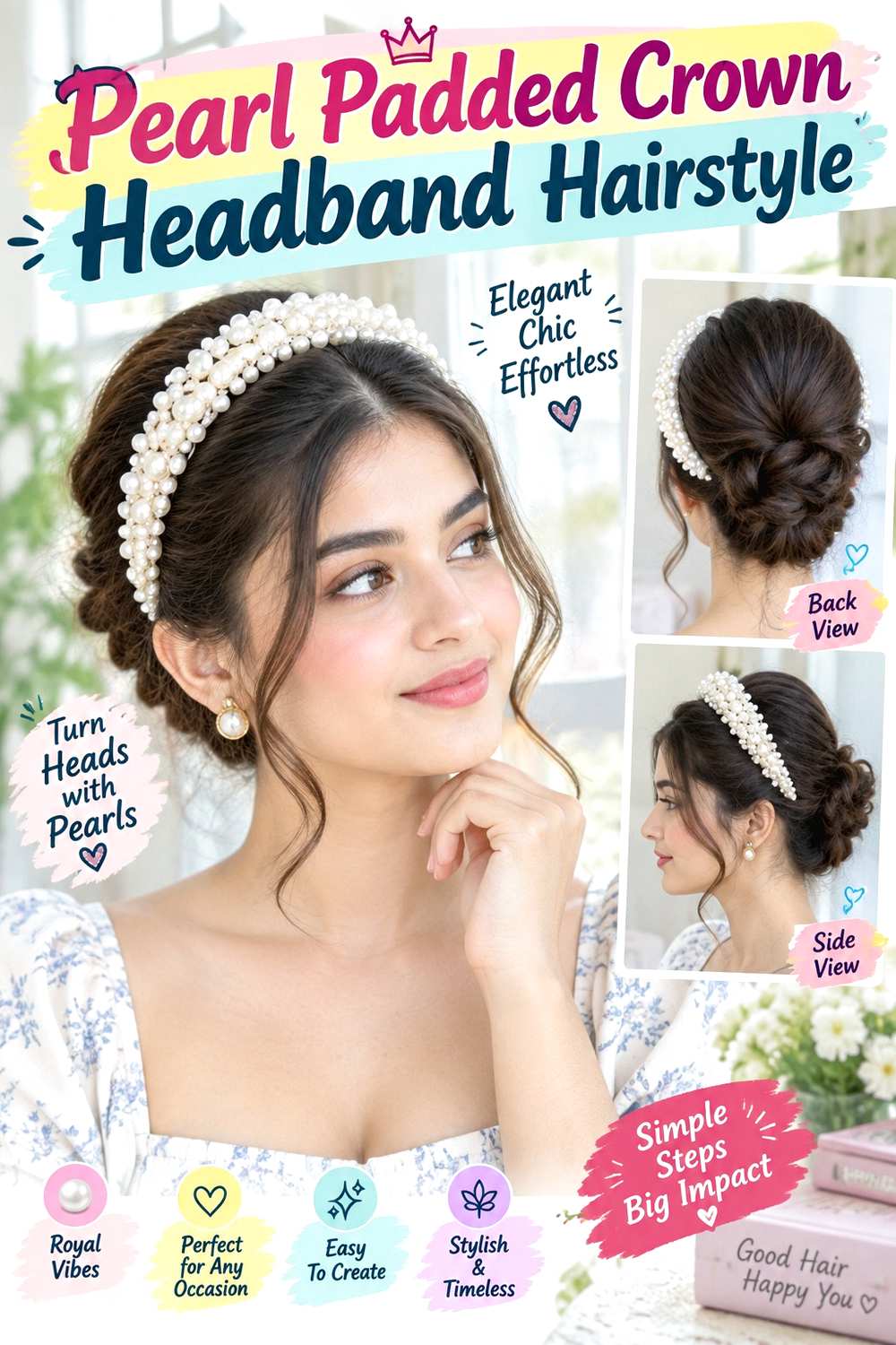 Pearl Padded Crown Headband Hairstyle