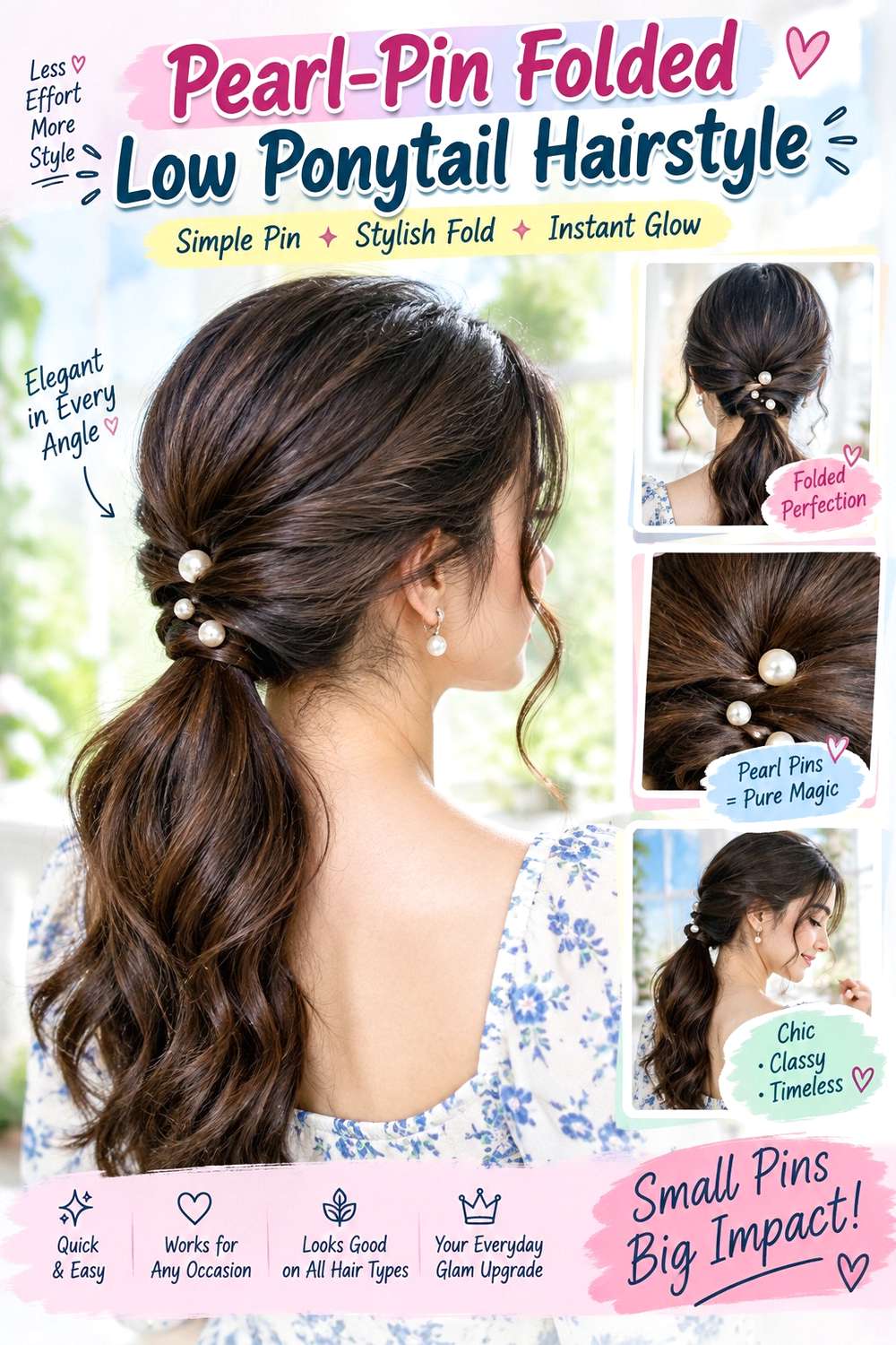 Pearl-Pin Folded Low Ponytail Hairstyle