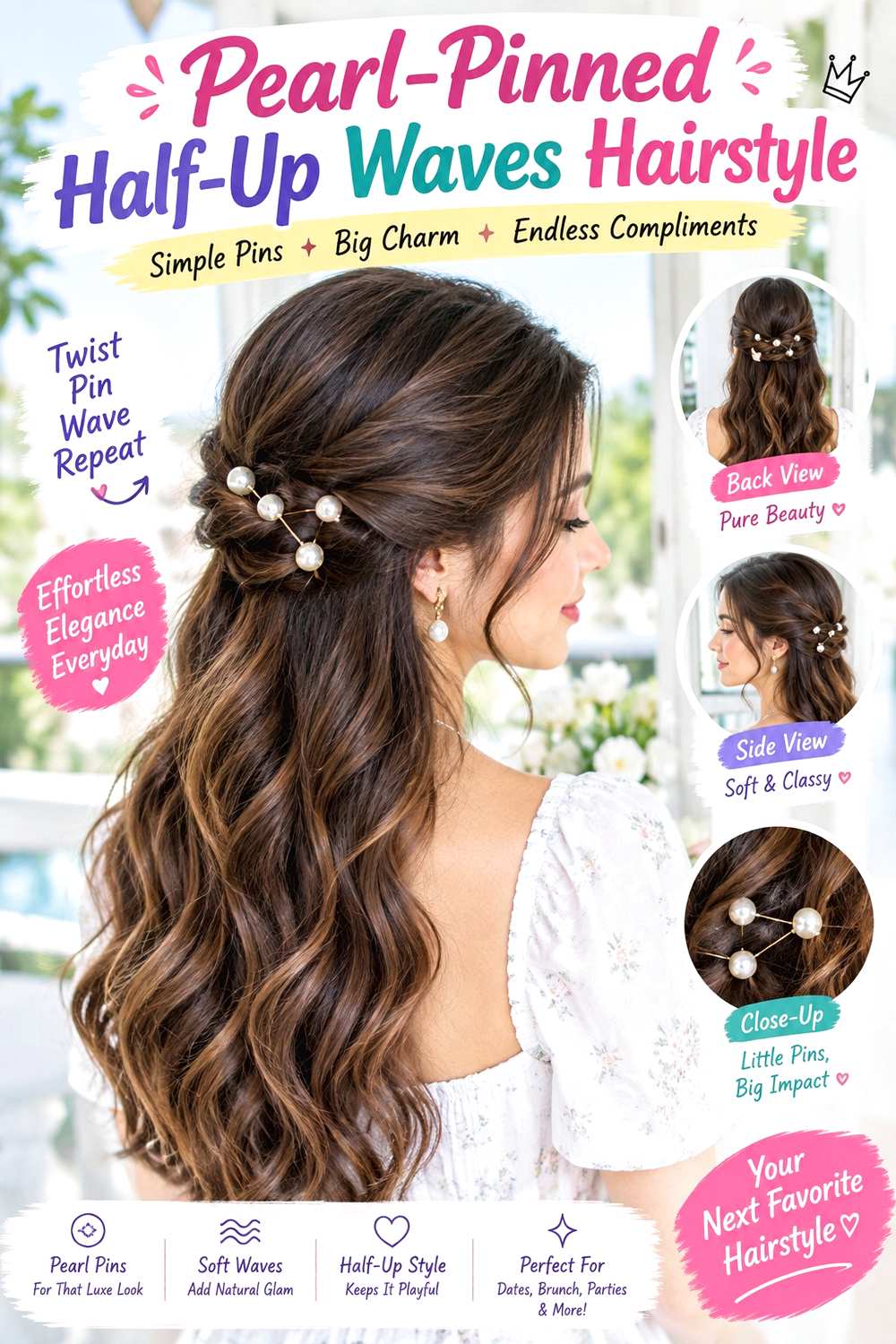 Pearl-Pinned Half-Up Waves Hairstyle