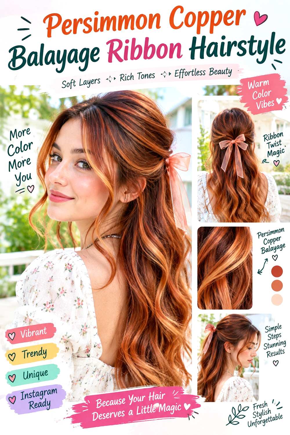 Persimmon Copper Balayage Ribbon Hairstyle