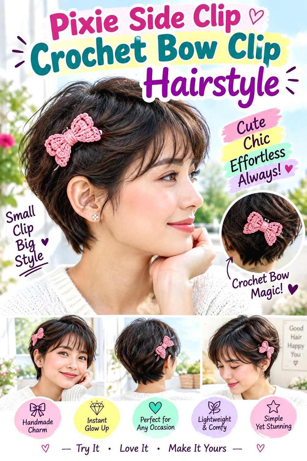 Pixie Side Clip Crochet Bow Clip Hairstyle