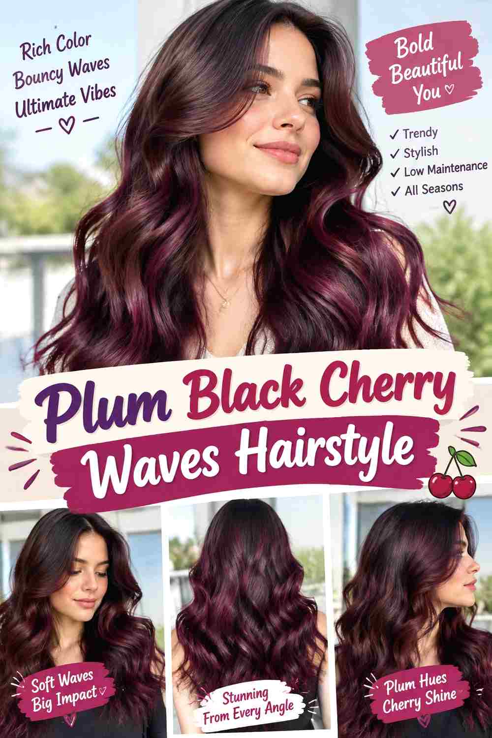Plum Black Cherry Waves Hairstyle