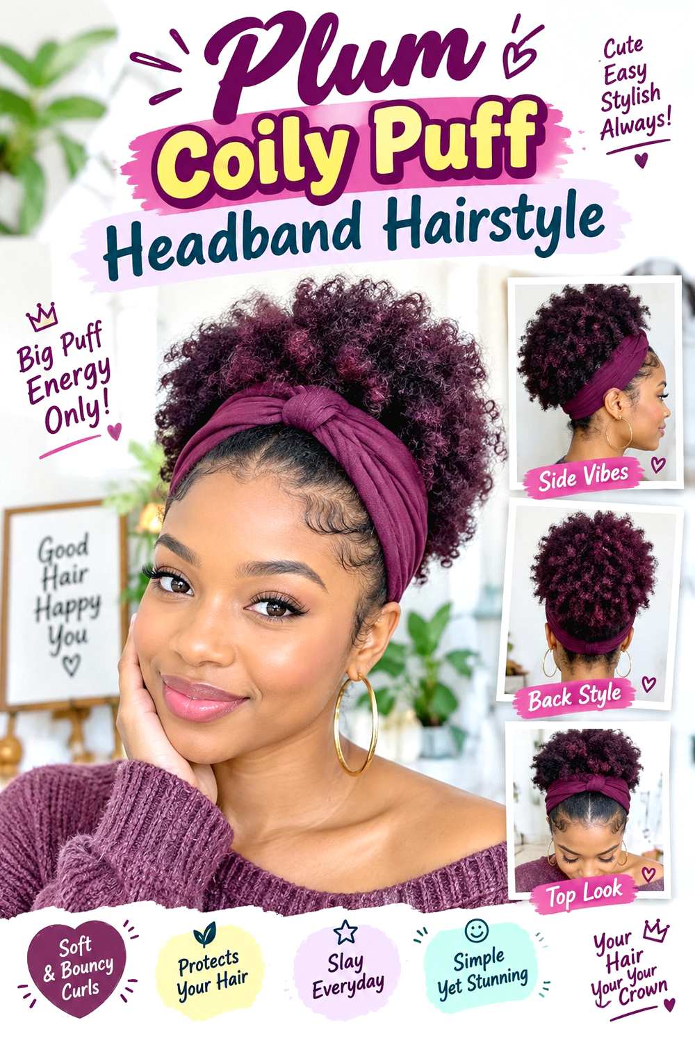 Plum Coily Puff Headband Hairstyle