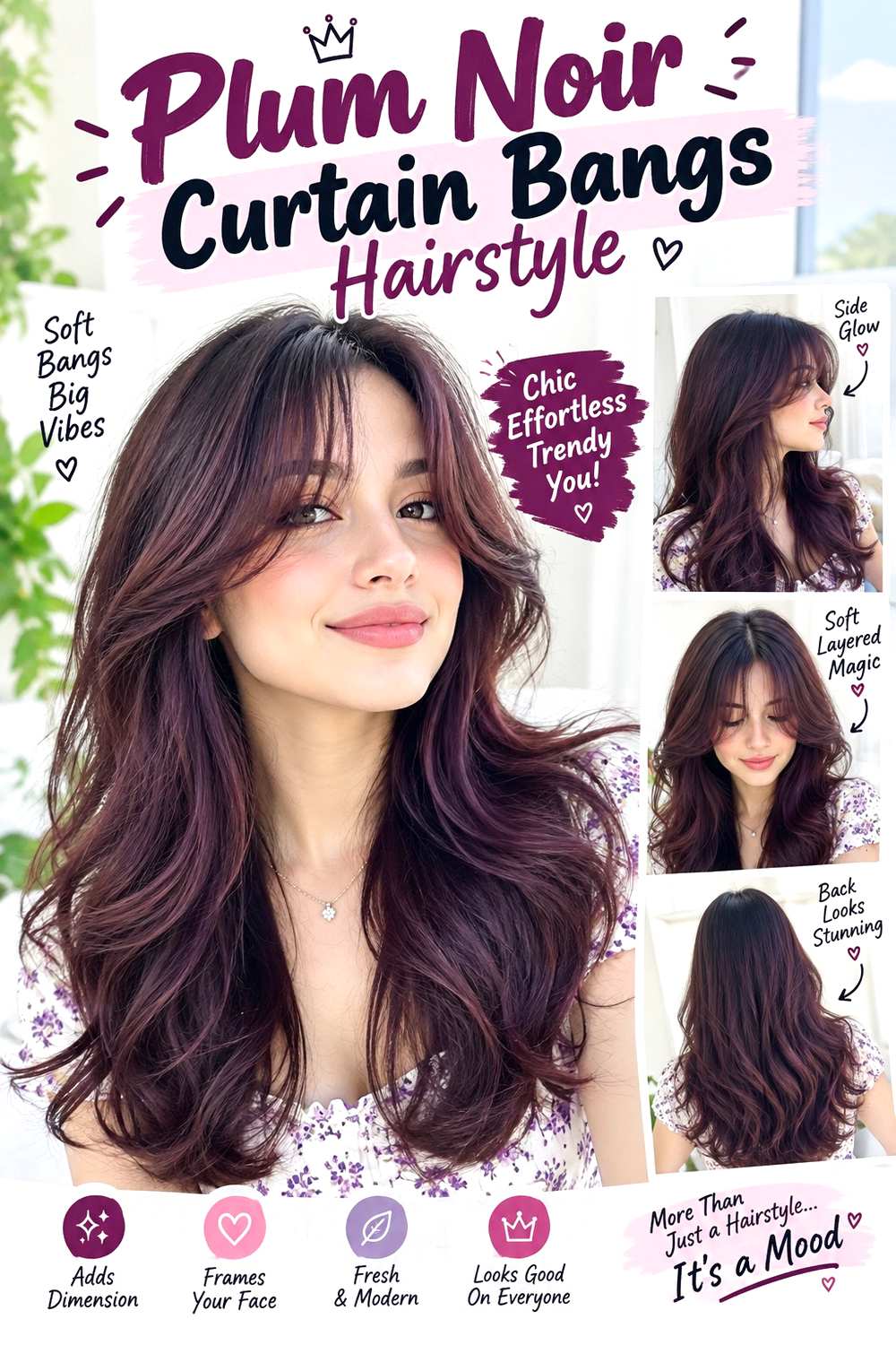 Plum Noir Curtain Bangs Hairstyle