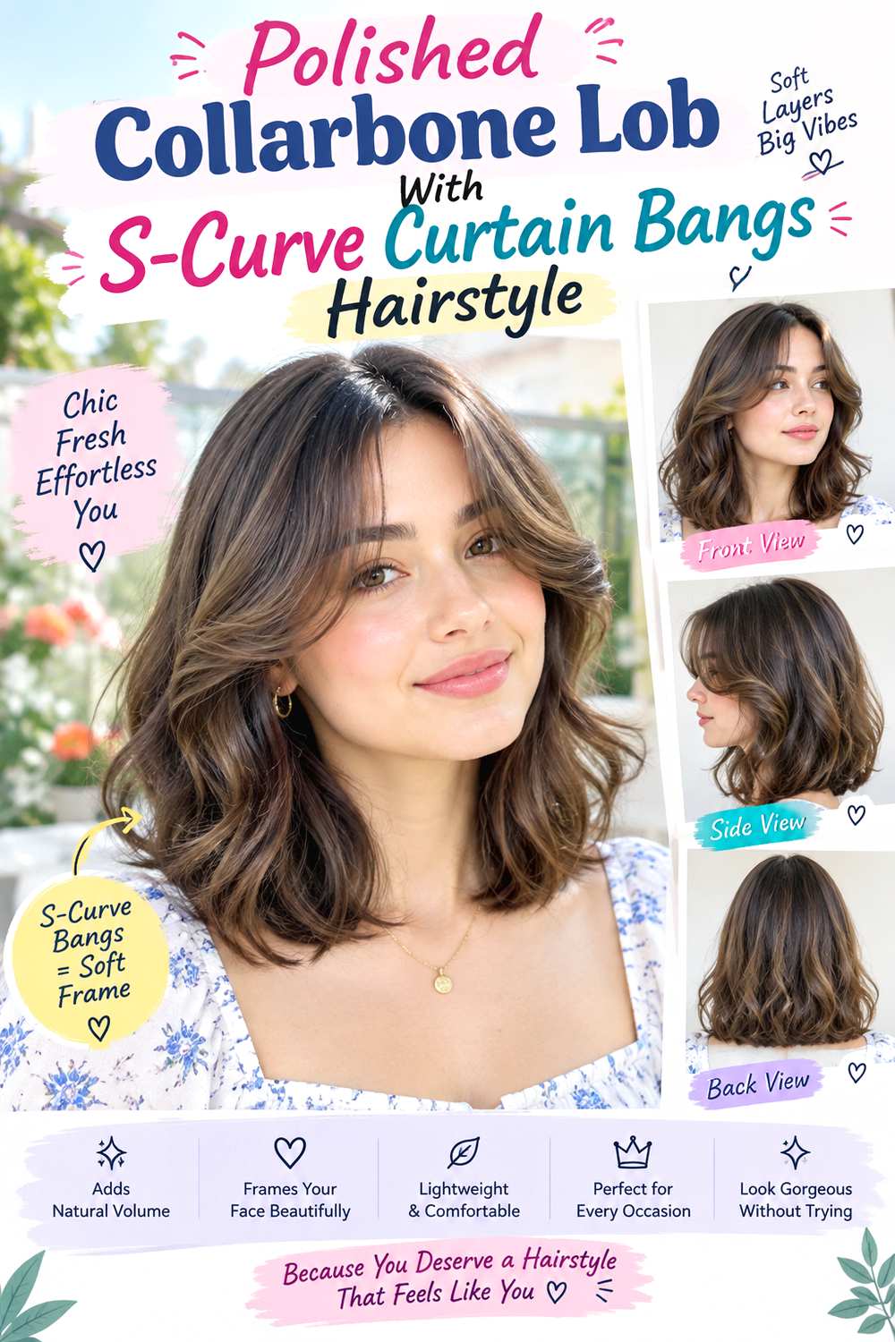 Polished Collarbone Lob With S-Curve Curtain Bangs Hairstyle