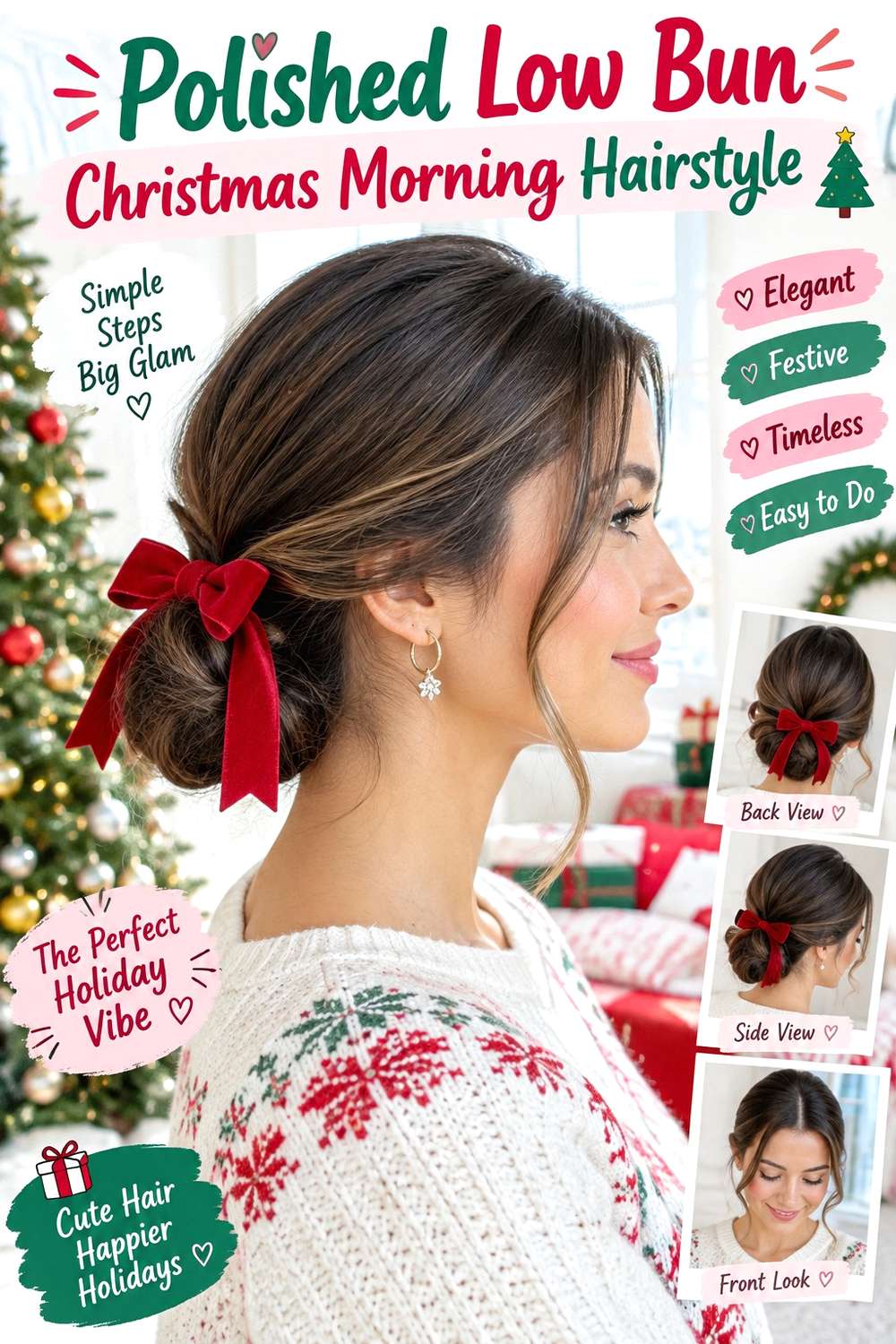 Polished Low Bun Christmas Morning Hairstyle