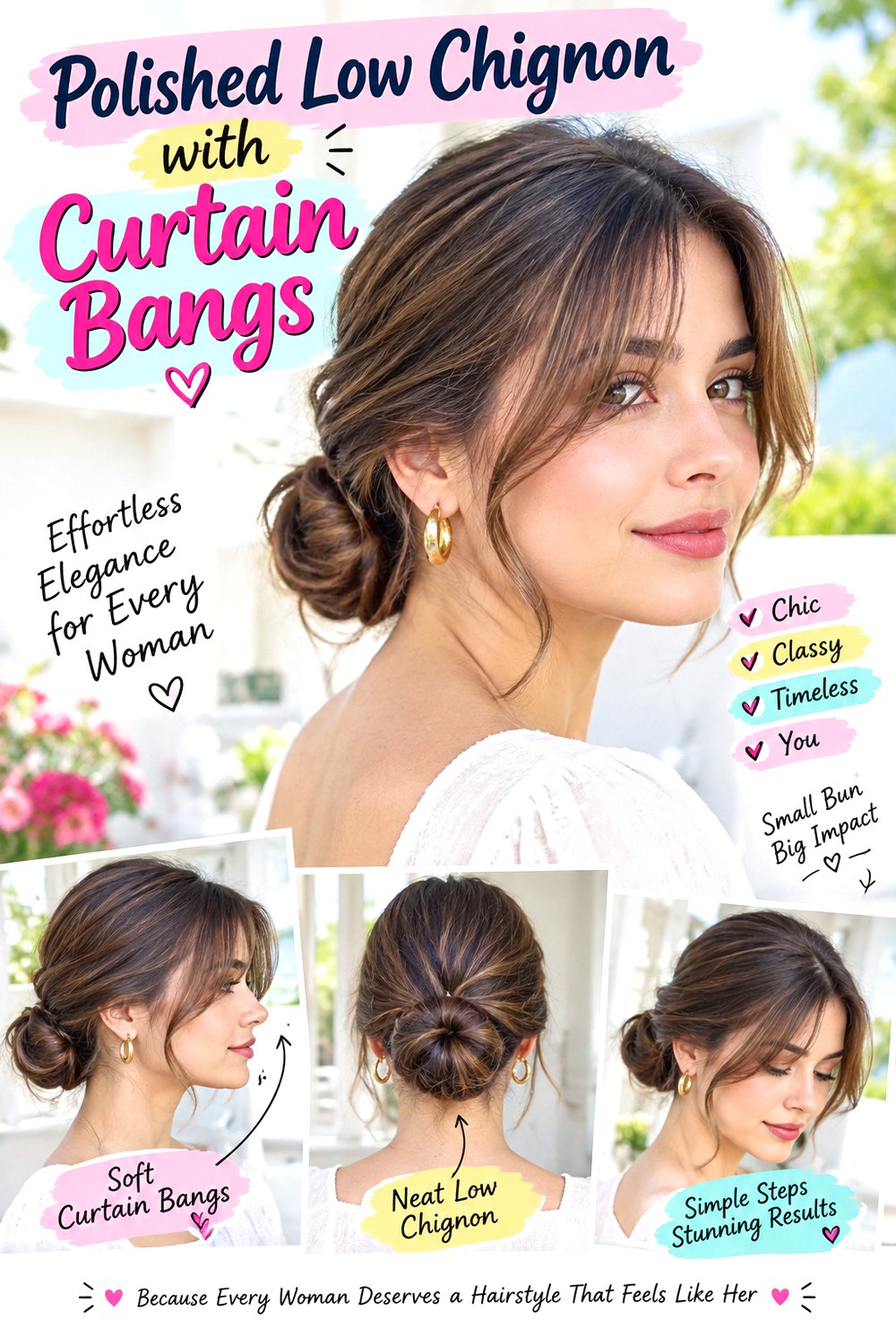 Polished Low Chignon with Curtain Bangs hairstyle