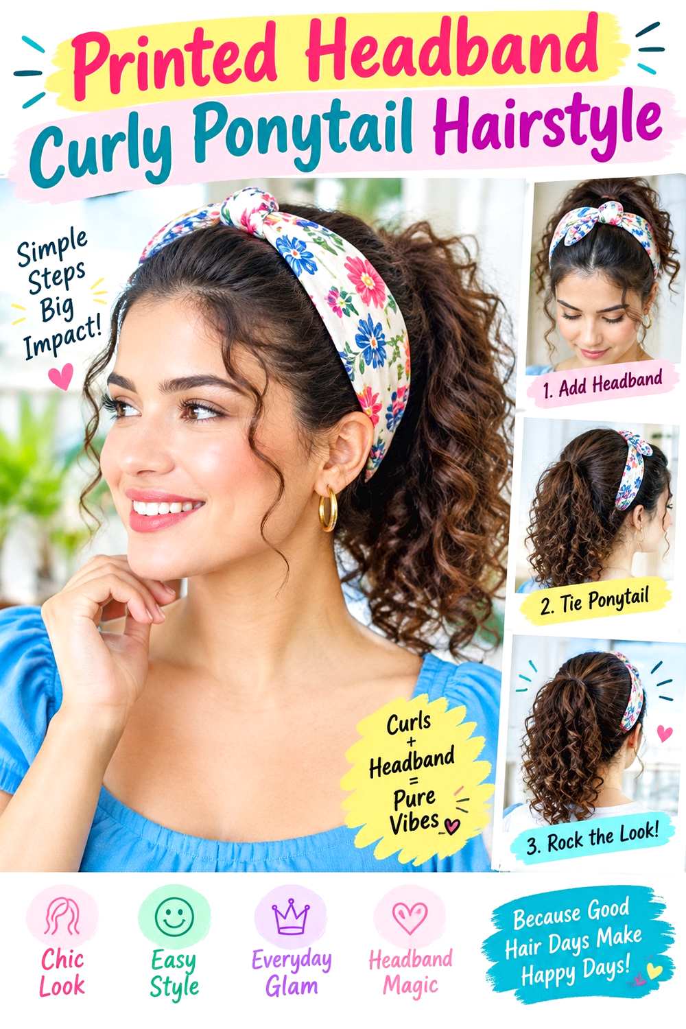 Printed Headband Curly Ponytail Hairstyle