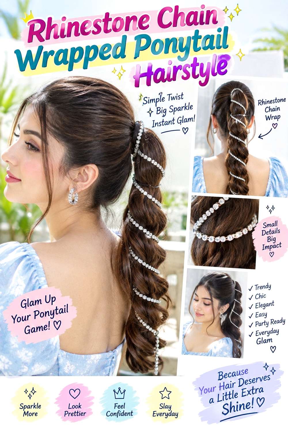 Rhinestone Chain Wrapped Ponytail Hairstyle