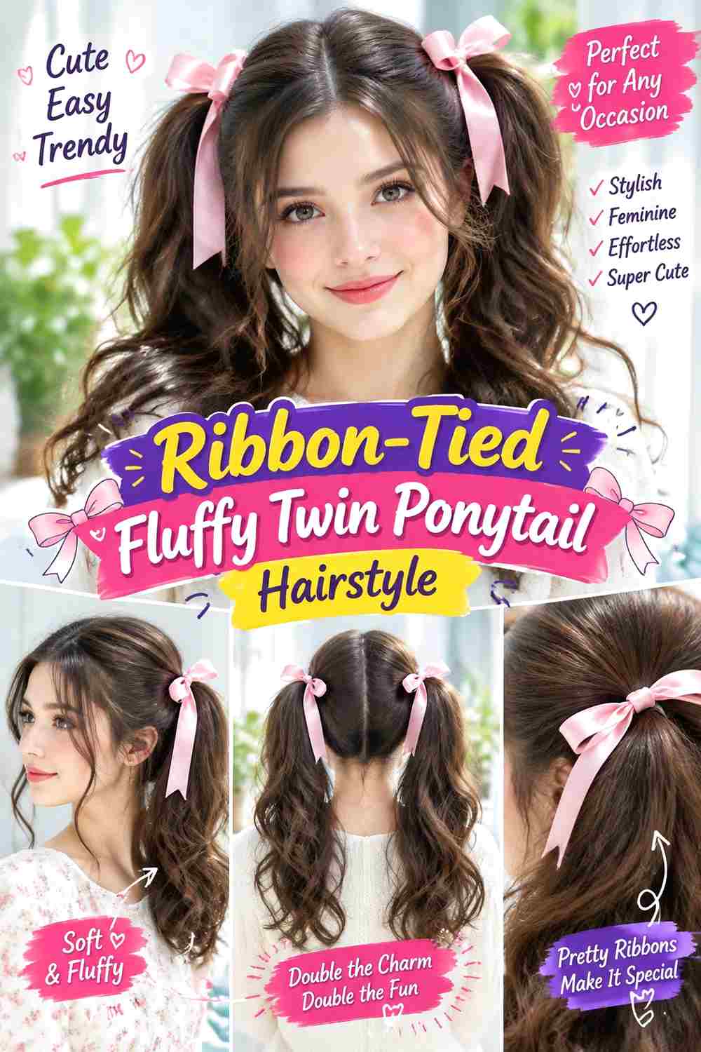 Ribbon-Tied Fluffy Twin Ponytail Hairstyle