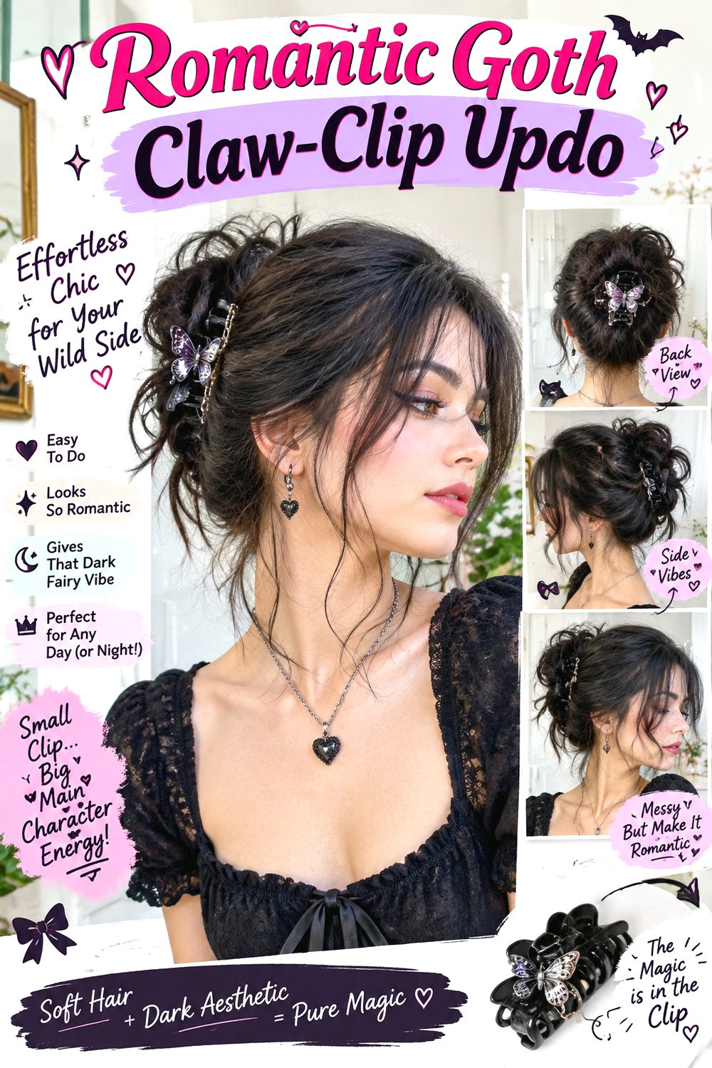 Romantic Goth Claw-Clip Updo Hairstyle