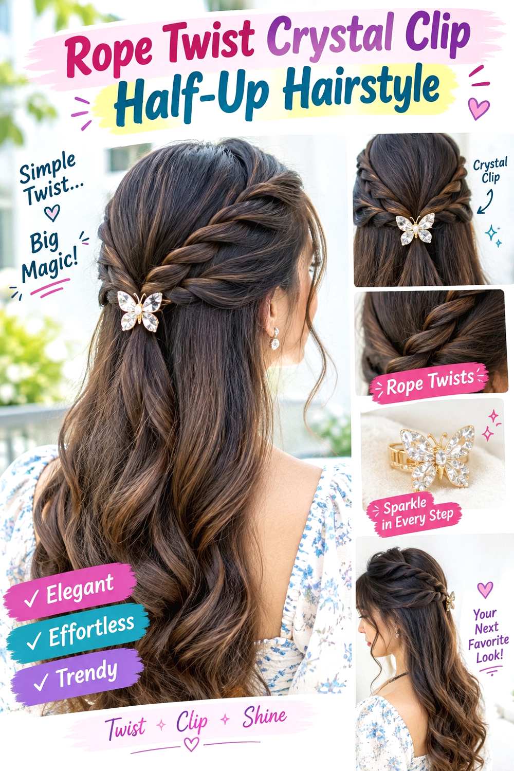 Rope Twist Crystal Clip Half-Up Hairstyle