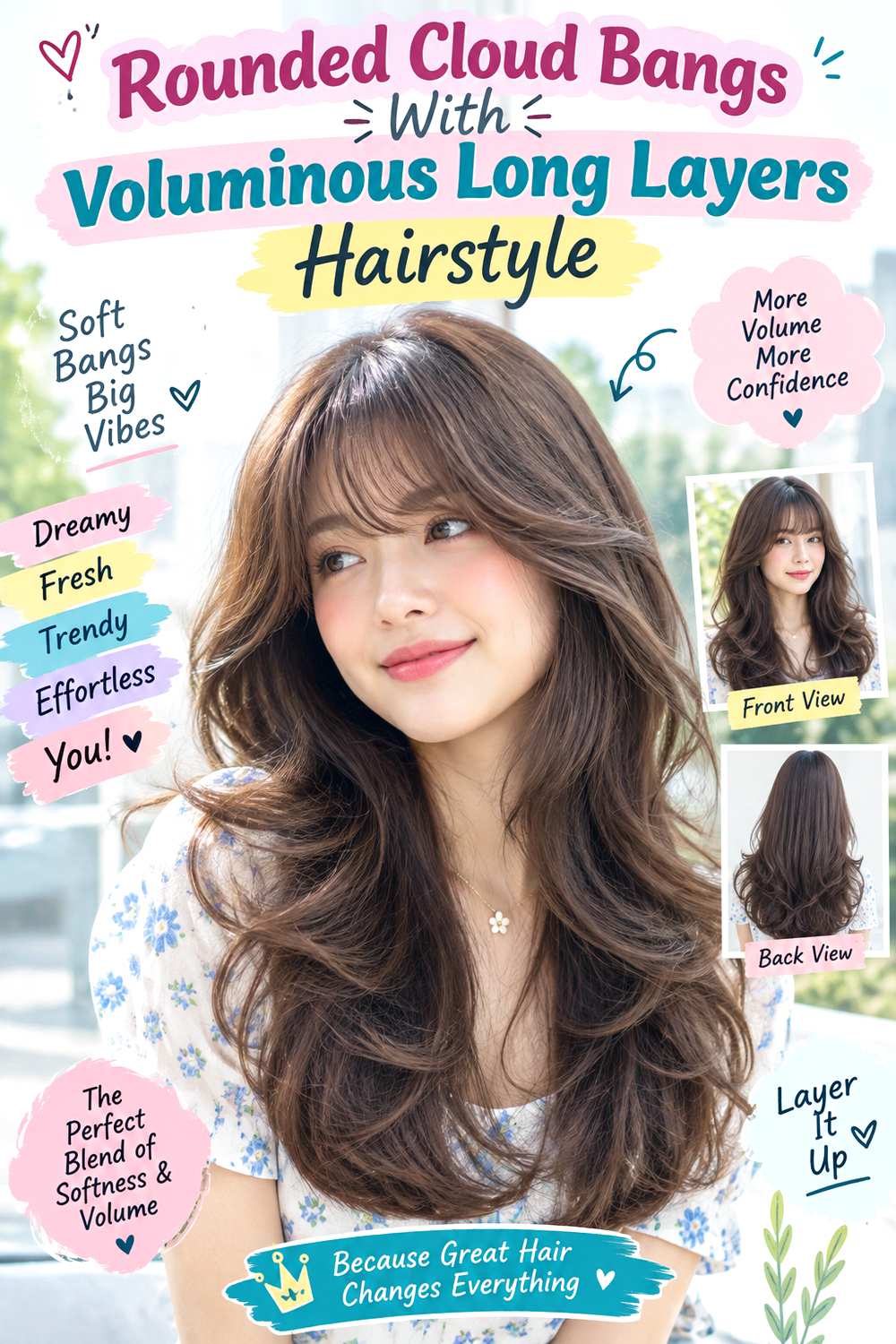 Rounded Cloud Bangs With Voluminous Long Layers Hairstyle