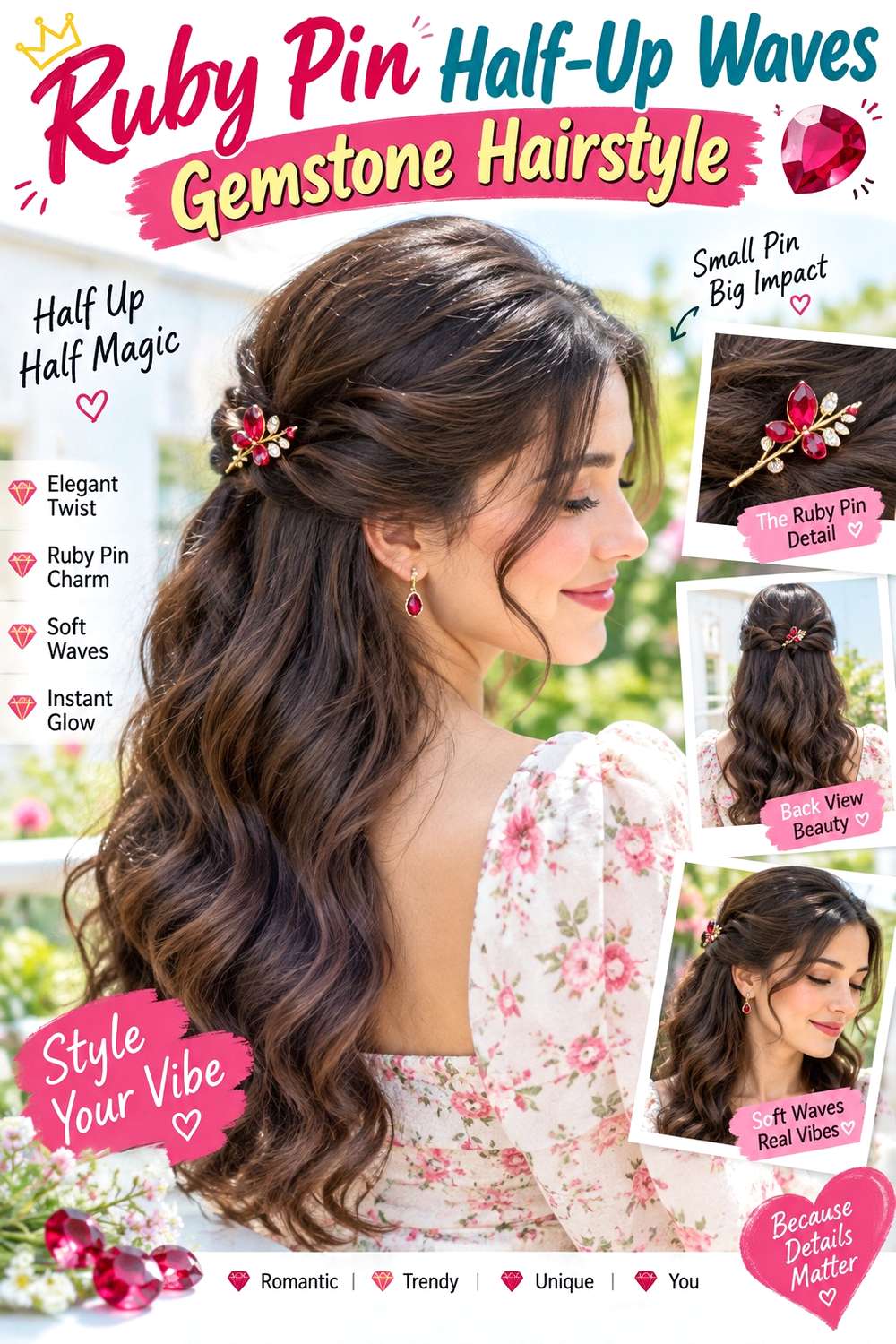 Ruby Pin Half-Up Waves Gemstone Hairstyle