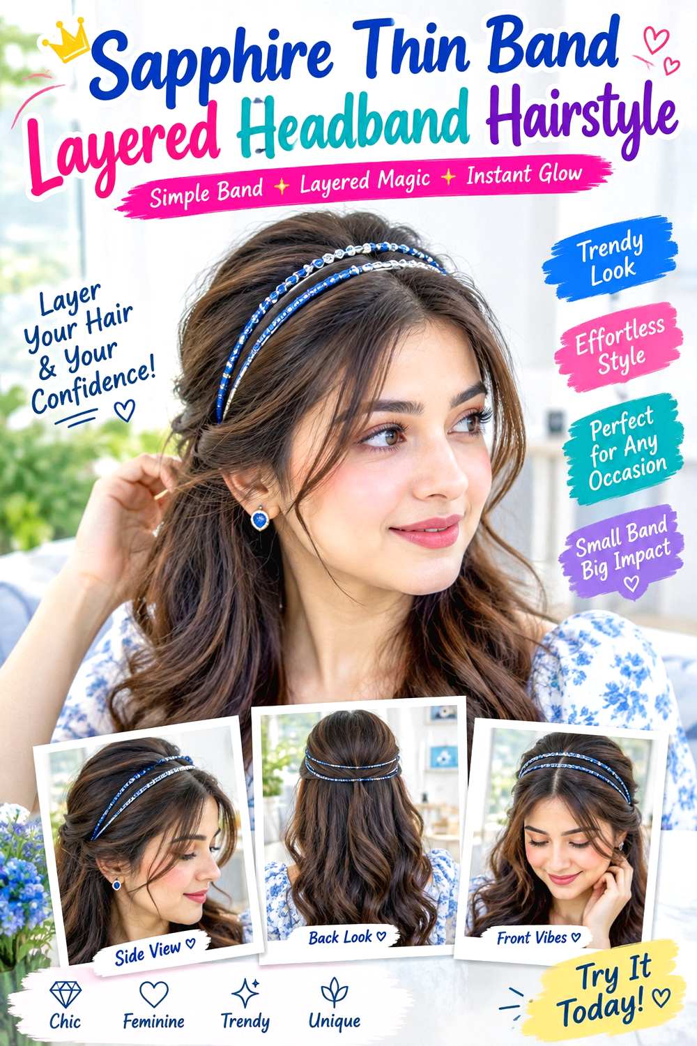 Sapphire Thin Band Layered Headband Hairstyle