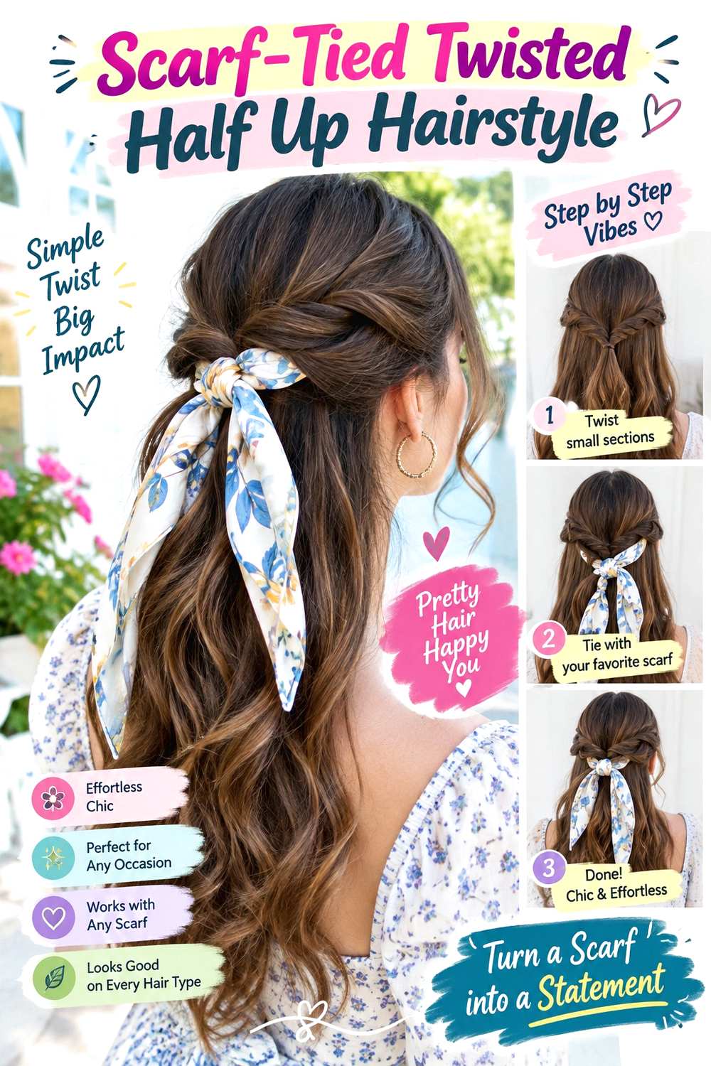 Scarf-Tied Twisted Half Up Hairstyle