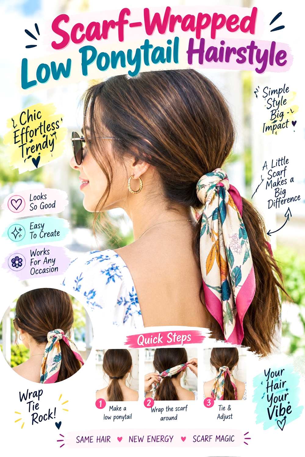 Scarf-Wrapped Low Ponytail Hairstyle ()