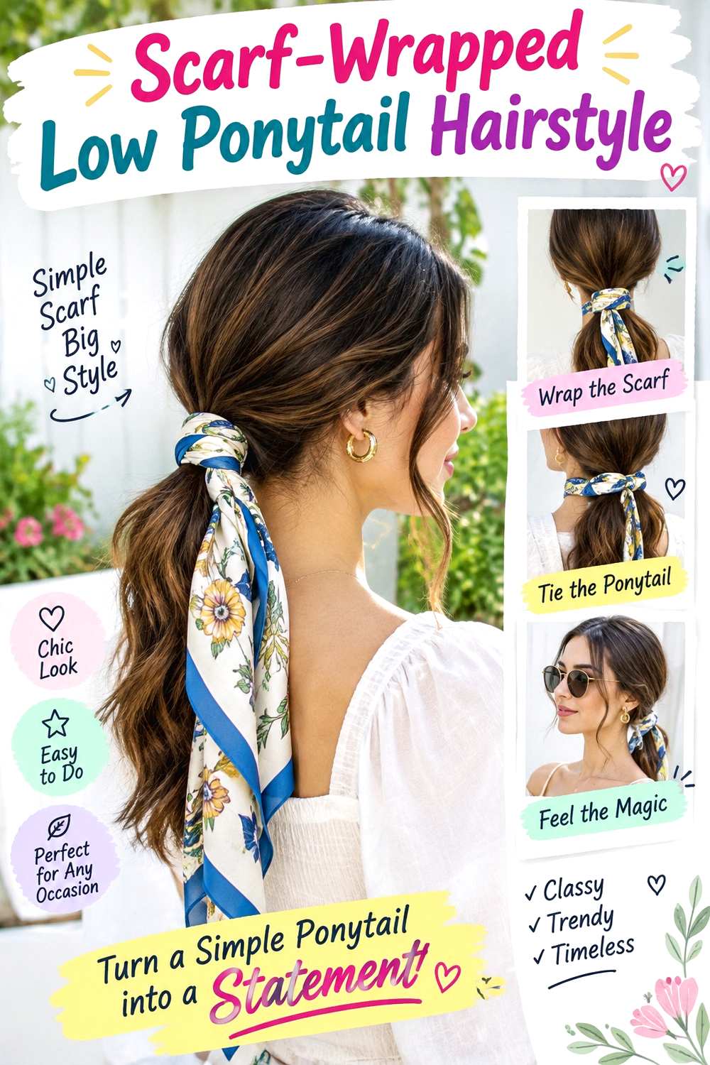 Scarf-Wrapped Low Ponytail Hairstyle ()