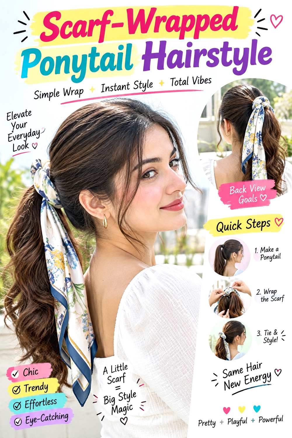 Scarf-Wrapped Ponytail Hairstyle