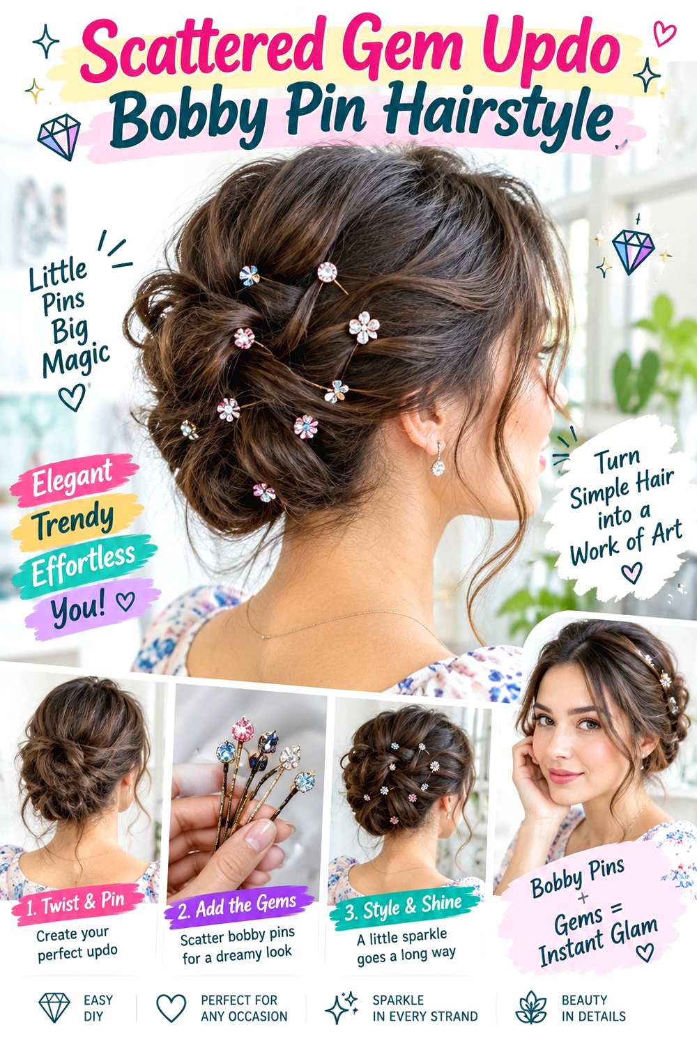 Scattered Gem Updo Bobby Pin Hairstyle