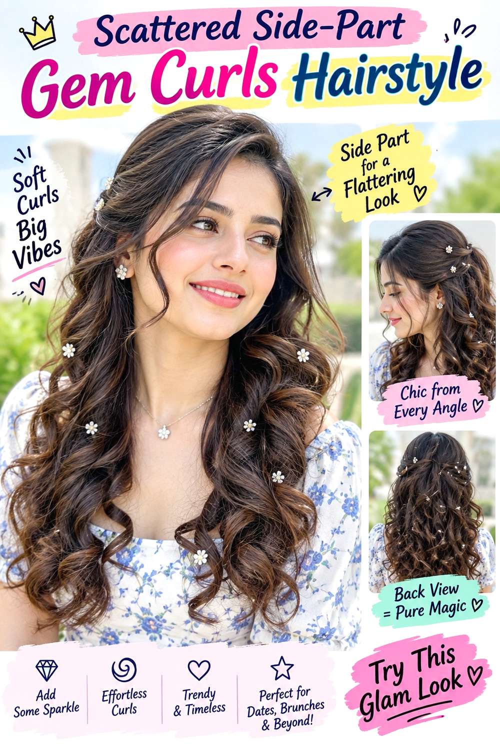 Scattered Side-Part Gem Curls Hairstyle