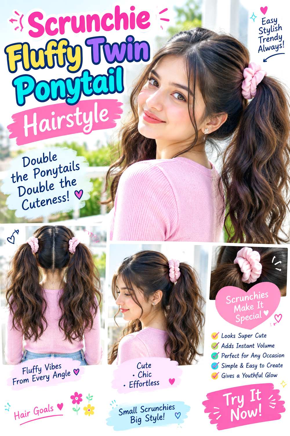 Scrunchie Fluffy Twin Ponytail Hairstyle