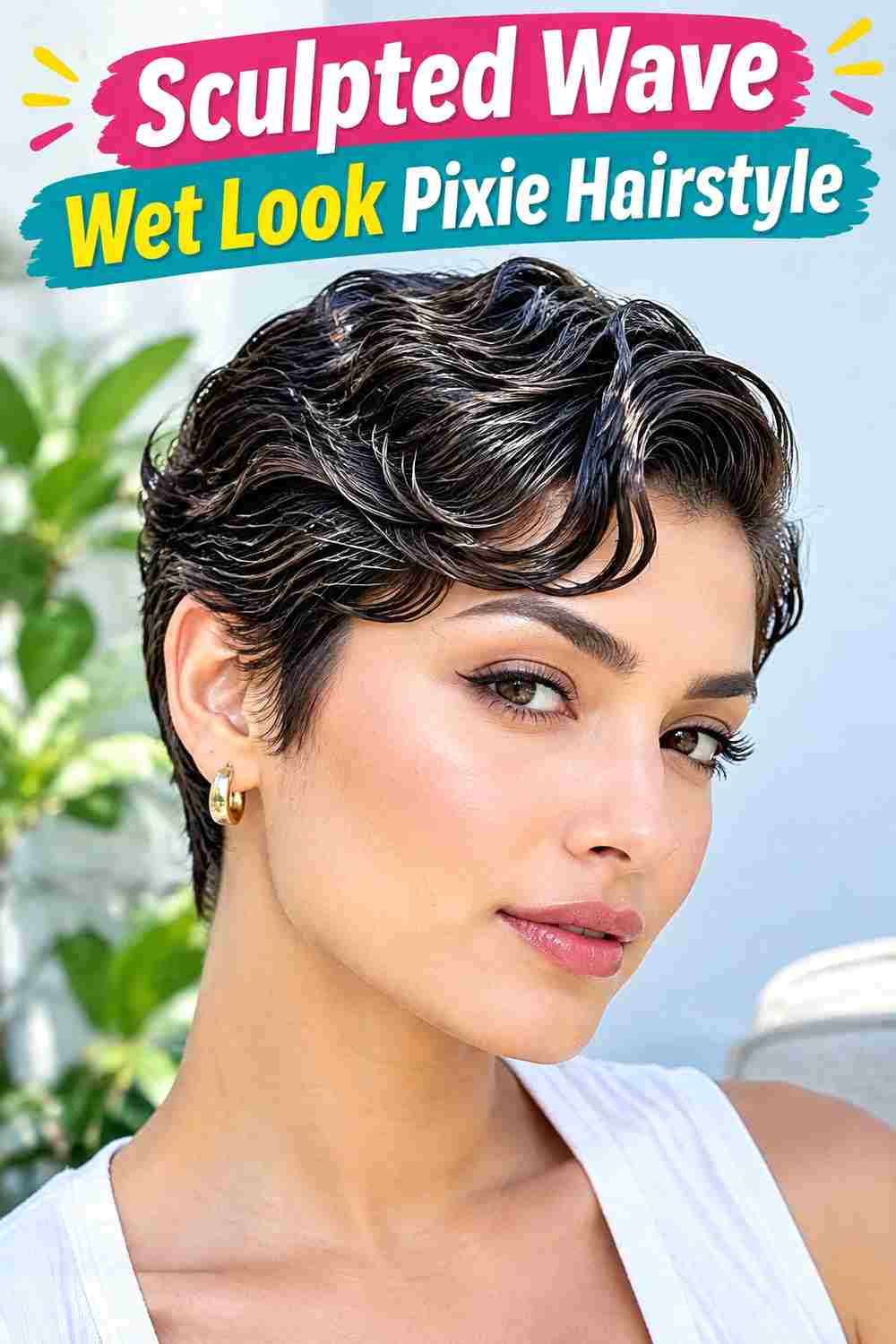 Sculpted Wave Wet Look Pixie Hairstyle