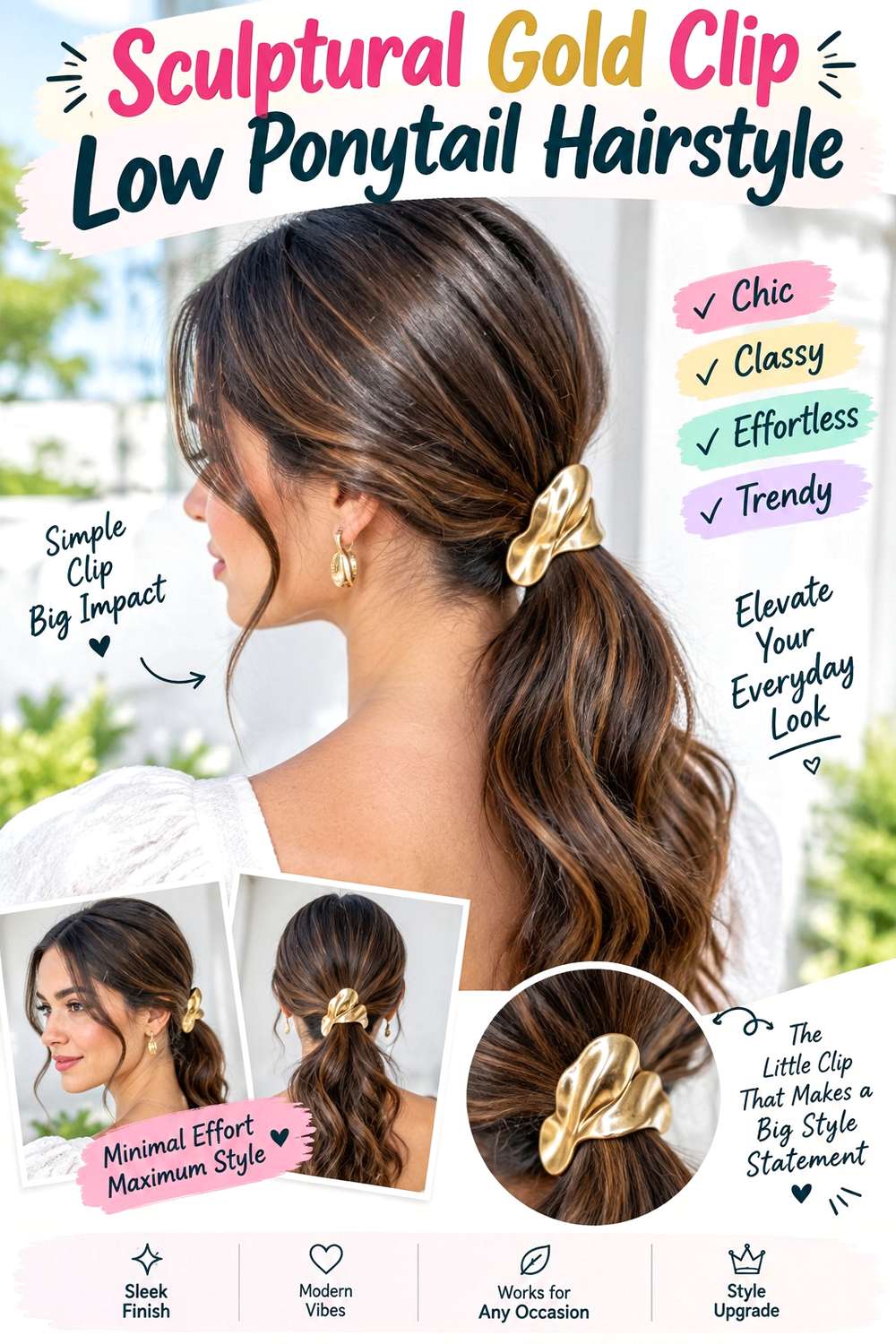 Sculptural Gold Clip Low Ponytail Hairstyle