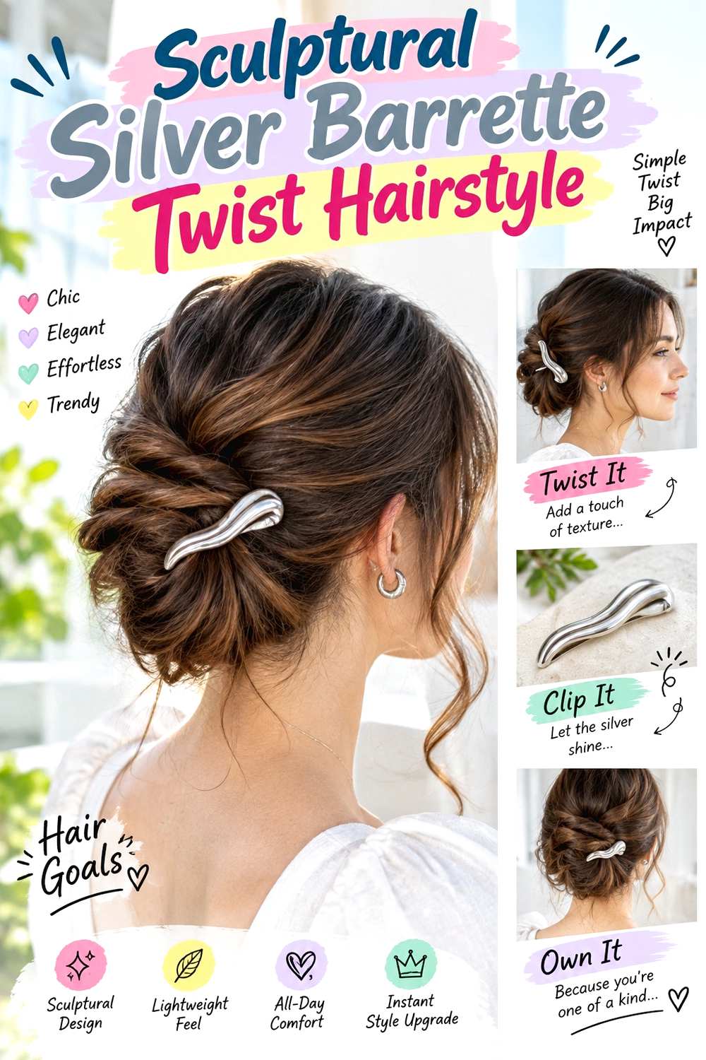 Sculptural Silver Barrette Twist Hairstyle