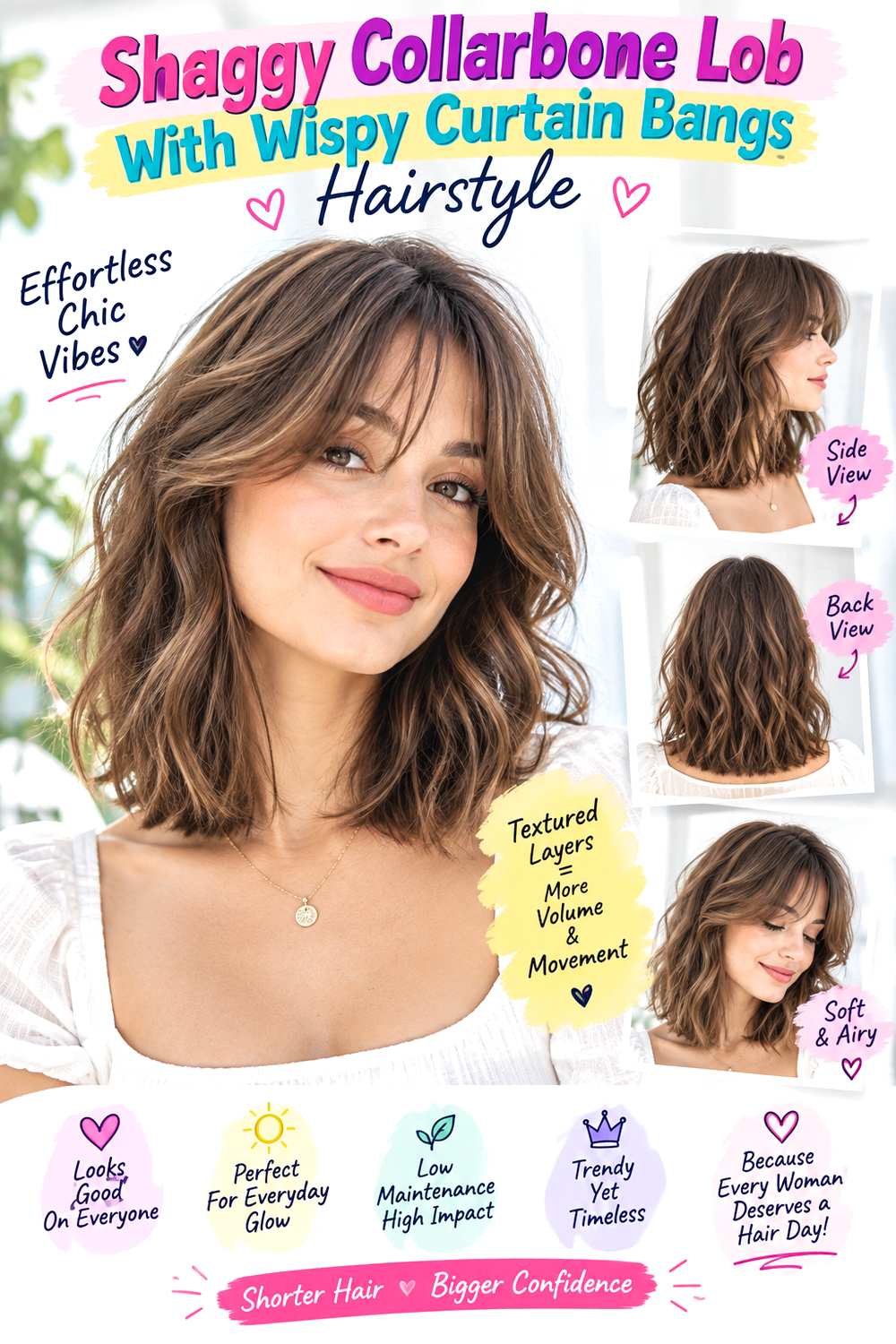 Shaggy Collarbone Lob With Wispy Curtain Bangs Hairstyle