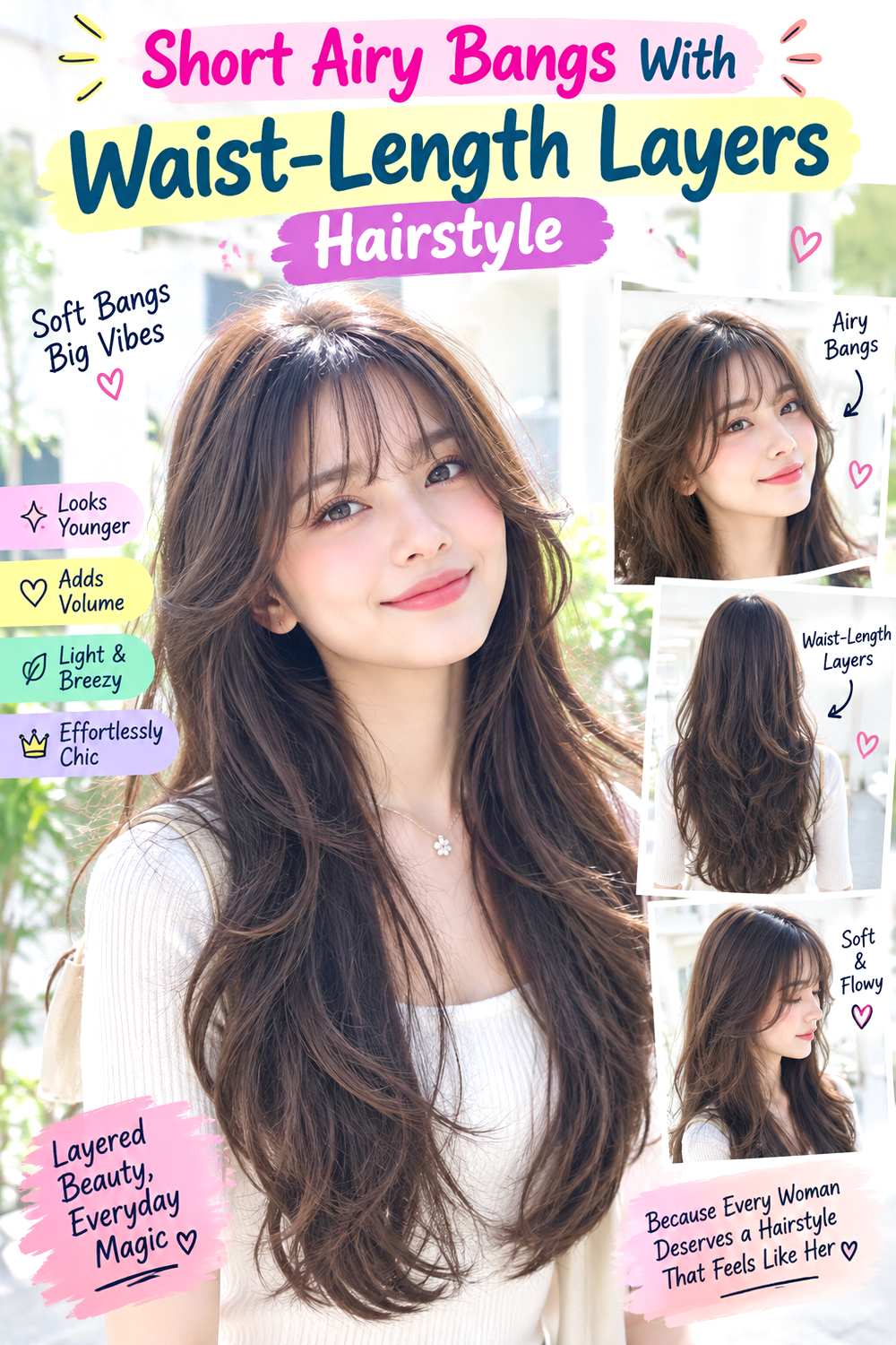 Short Airy Bangs With Waist-Length Layers Hairstyle