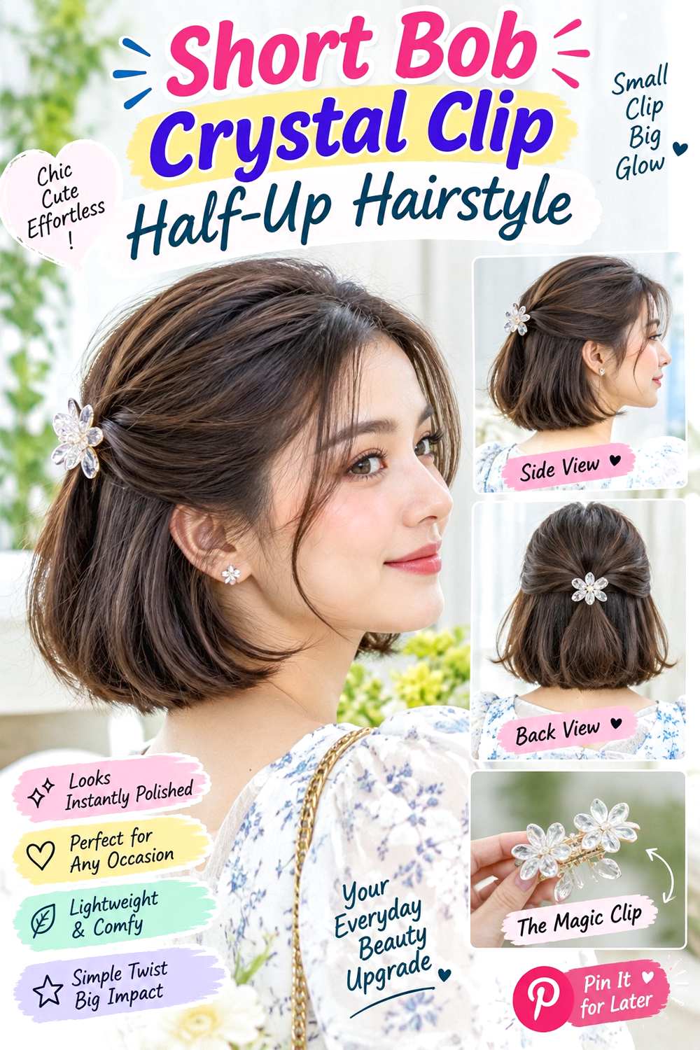 Short Bob Crystal Clip Half-Up Hairstyle