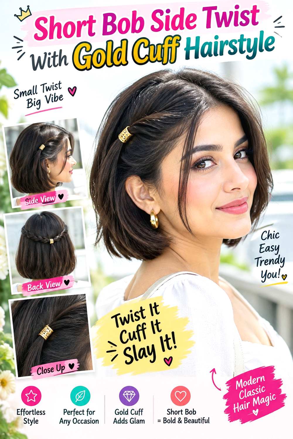 Short Bob Side Twist With Gold Cuff Hairstyle
