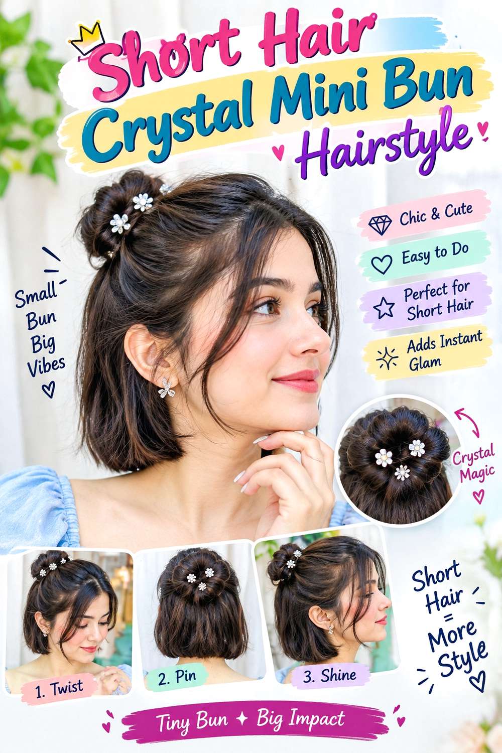 Short Hair Crystal Mini Bun Hairstyle
