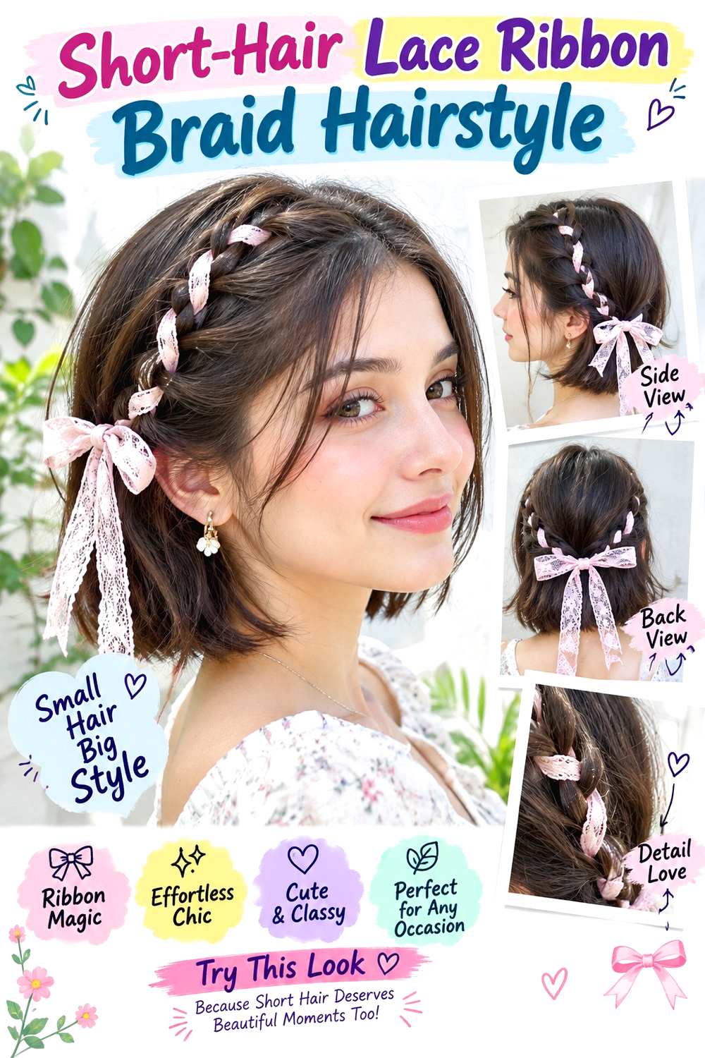 Short-Hair Lace Ribbon Braid Hairstyle