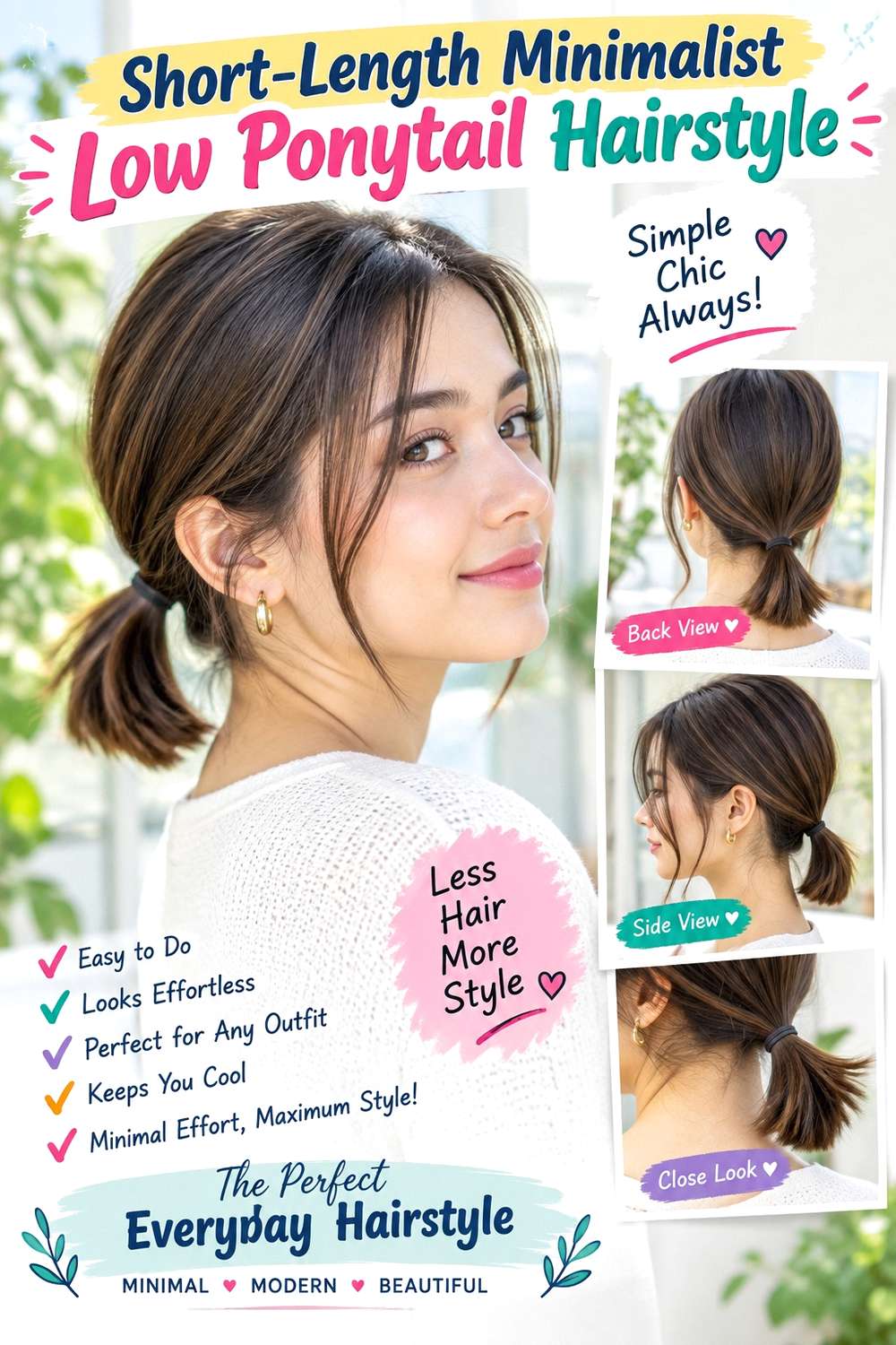 Short-Length Minimalist Low Ponytail Hairstyle