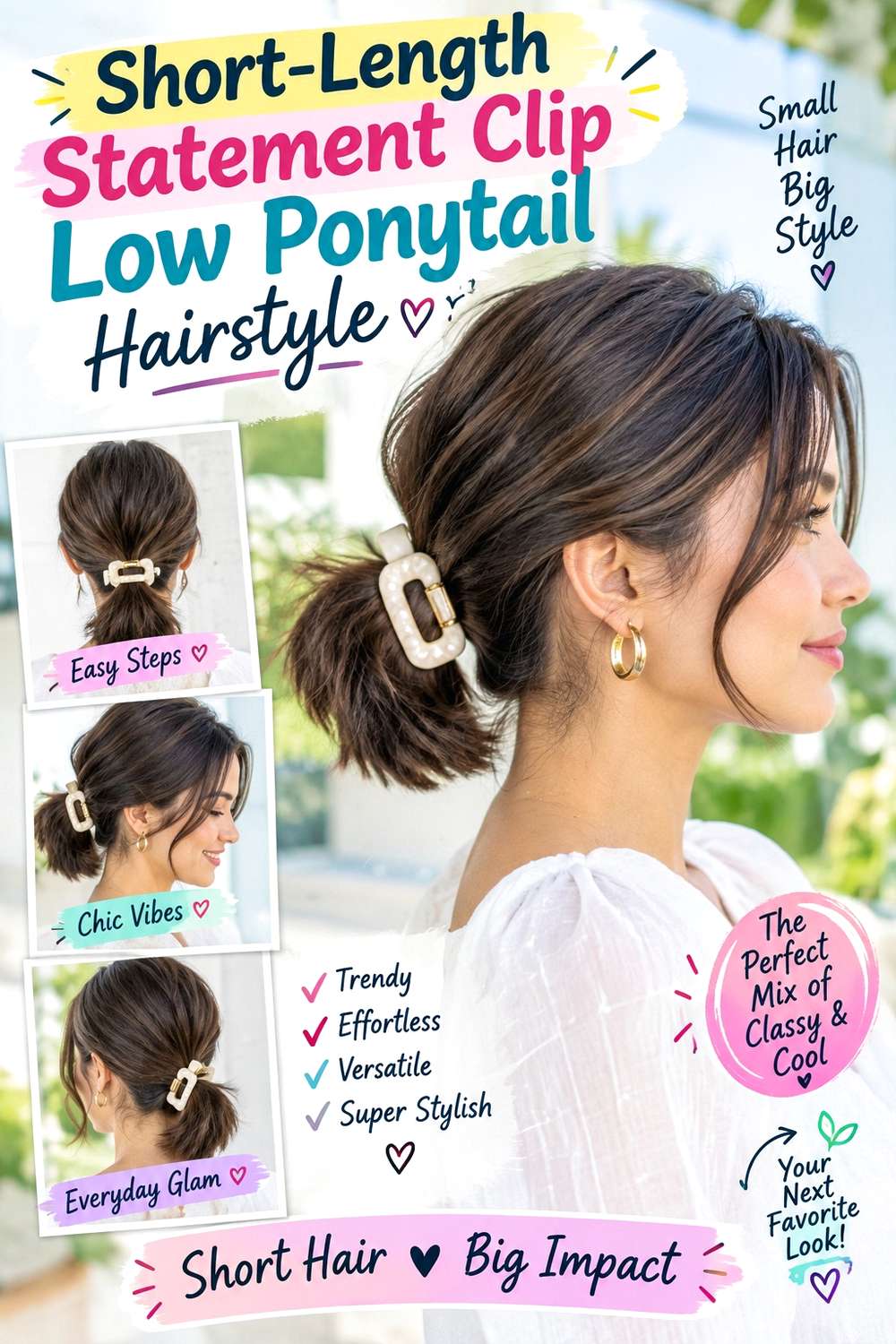Short-Length Statement Clip Low Ponytail Hairstyle
