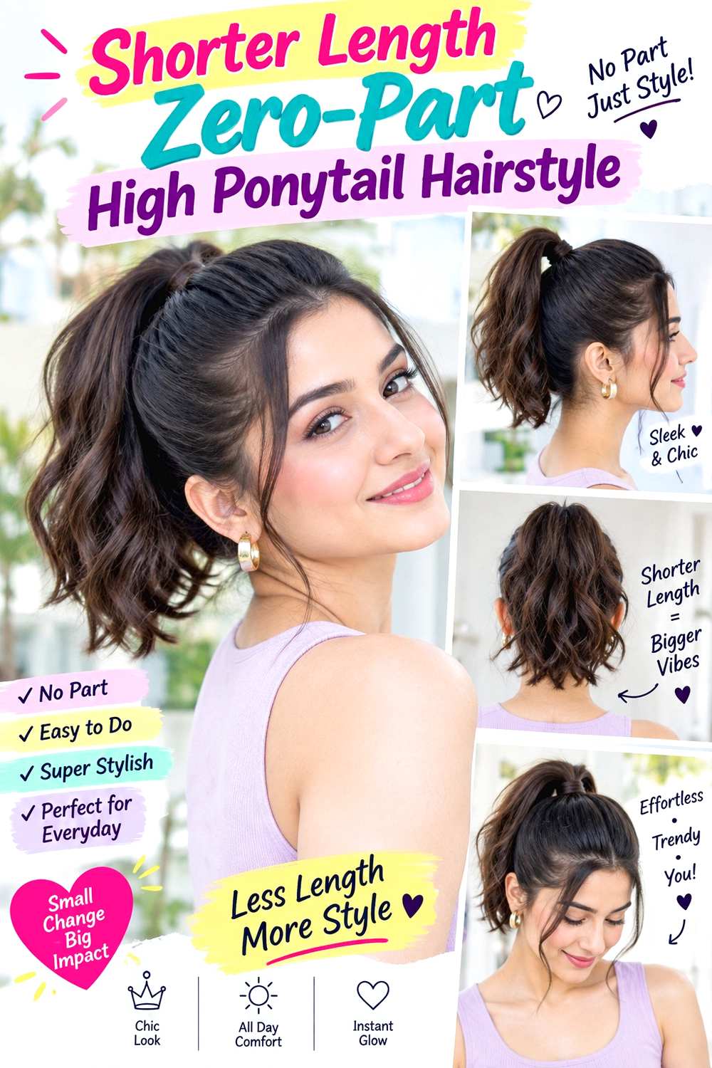 Shorter Length Zero-Part High Ponytail Hairstyle