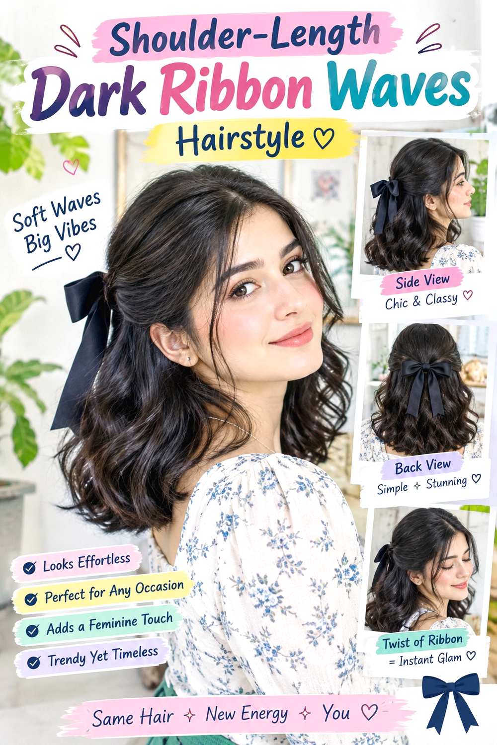 Shoulder-Length Dark Ribbon Waves Hairstyle