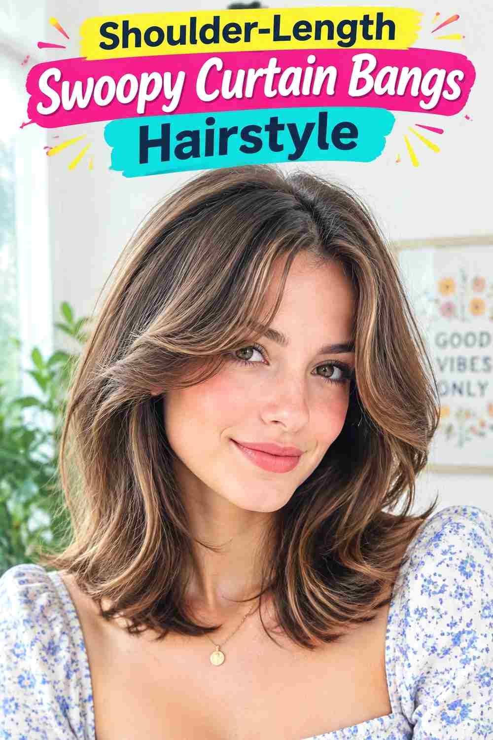 Shoulder-Length Swoopy Curtain Bangs Hairstyle