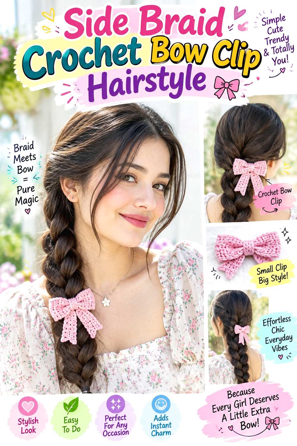 Side Braid Crochet Bow Clip Hairstyle