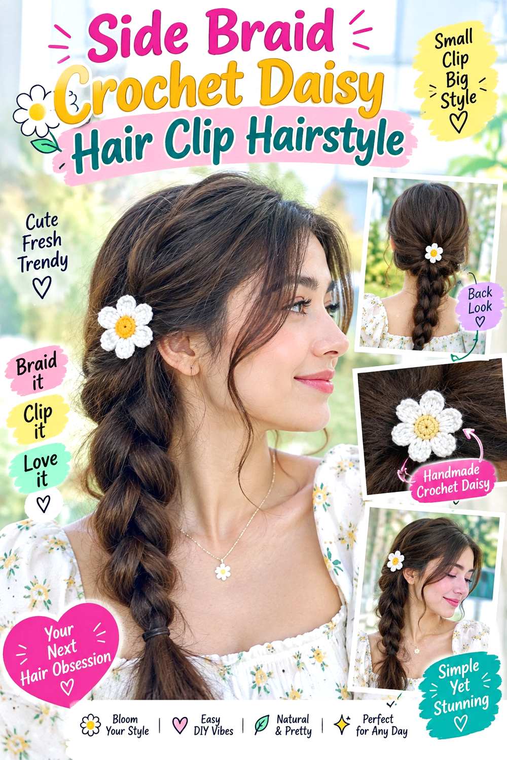 Side Braid Crochet Daisy Hair Clip Hairstyle