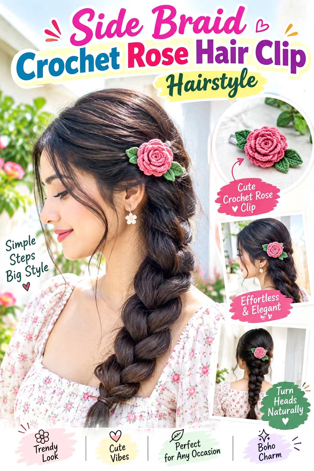 Side Braid Crochet Rose Hair Clip Hairstyle