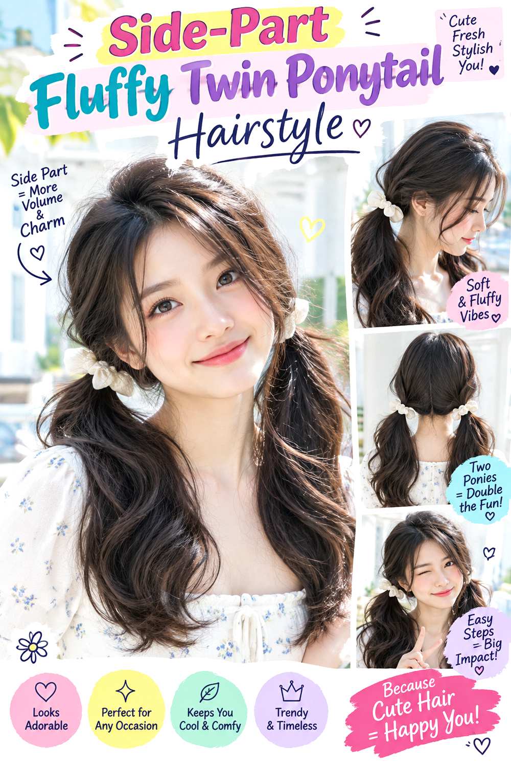 Side-Part Fluffy Twin Ponytail Hairstyle