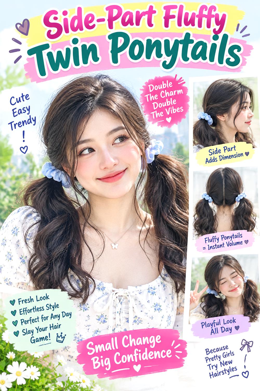 Side-Part Fluffy Twin Ponytails Hairstyle