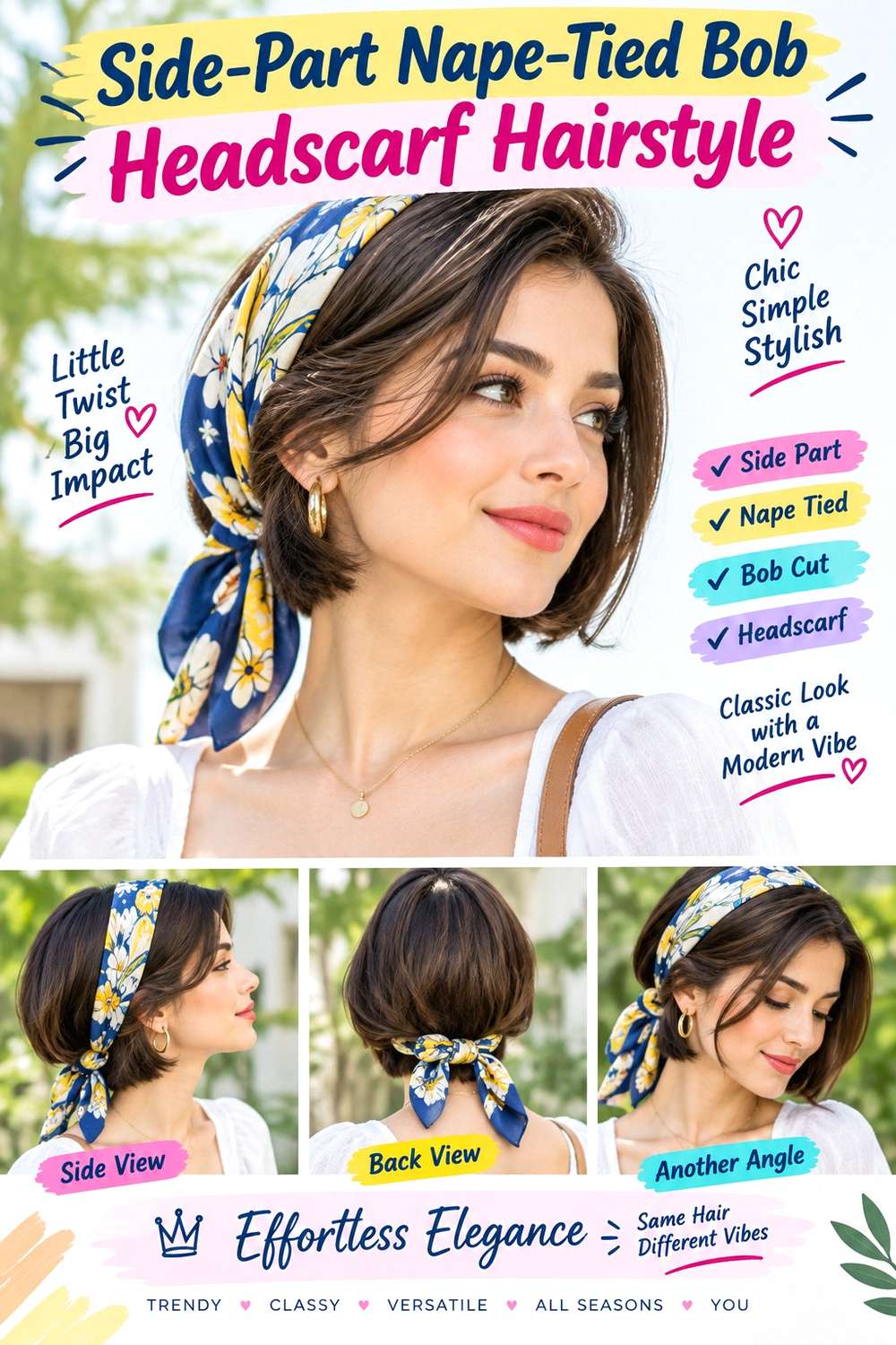 Side-Part Nape-Tied Bob Headscarf Hairstyle